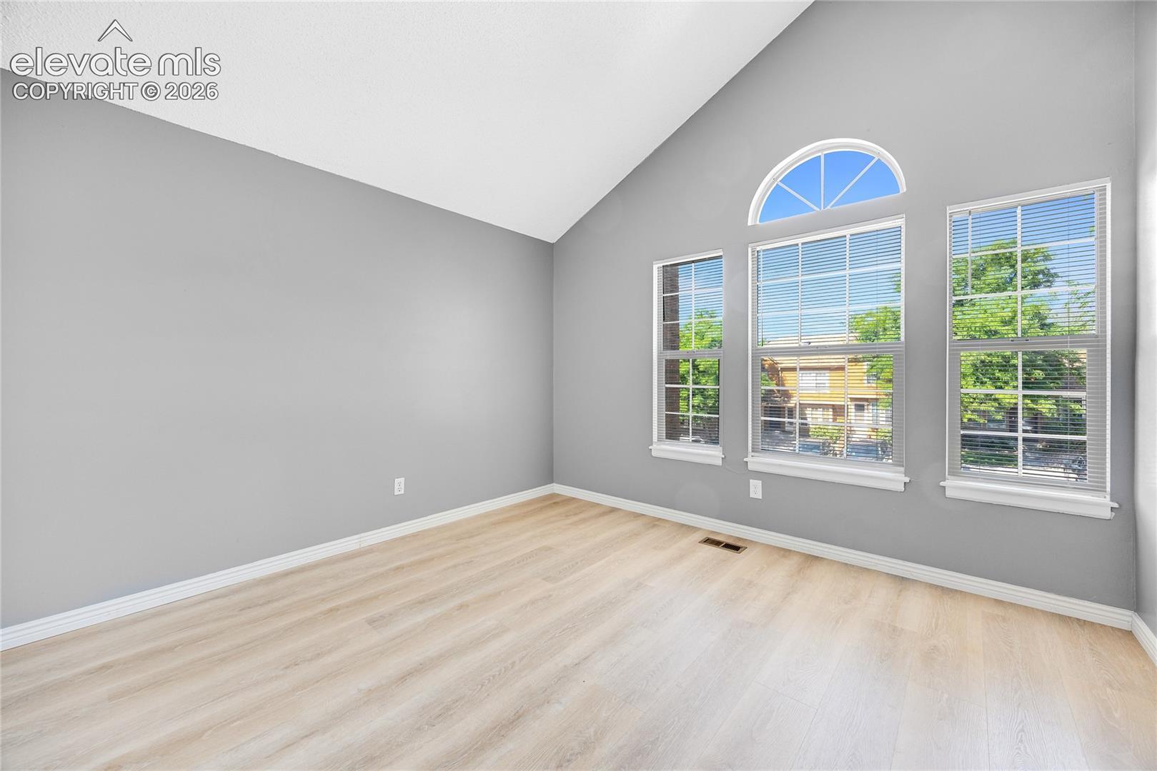 Vaulted ceiling, light-toned wood-finish flooring, multiple windows, arched window feature, and white trim