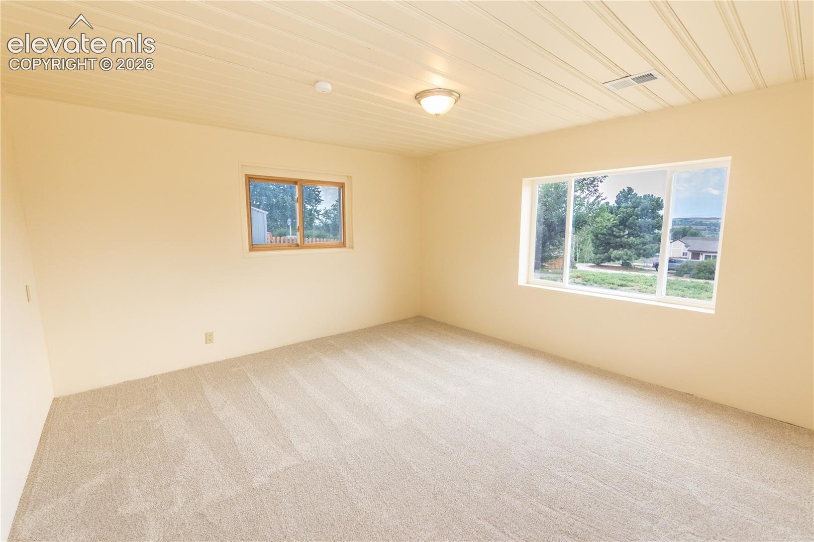 Interior room featuring light-toned wall-to-wall carpeting, wood-paneled ceiling, flush-mount light fixture, and dual windows with wooden frames
