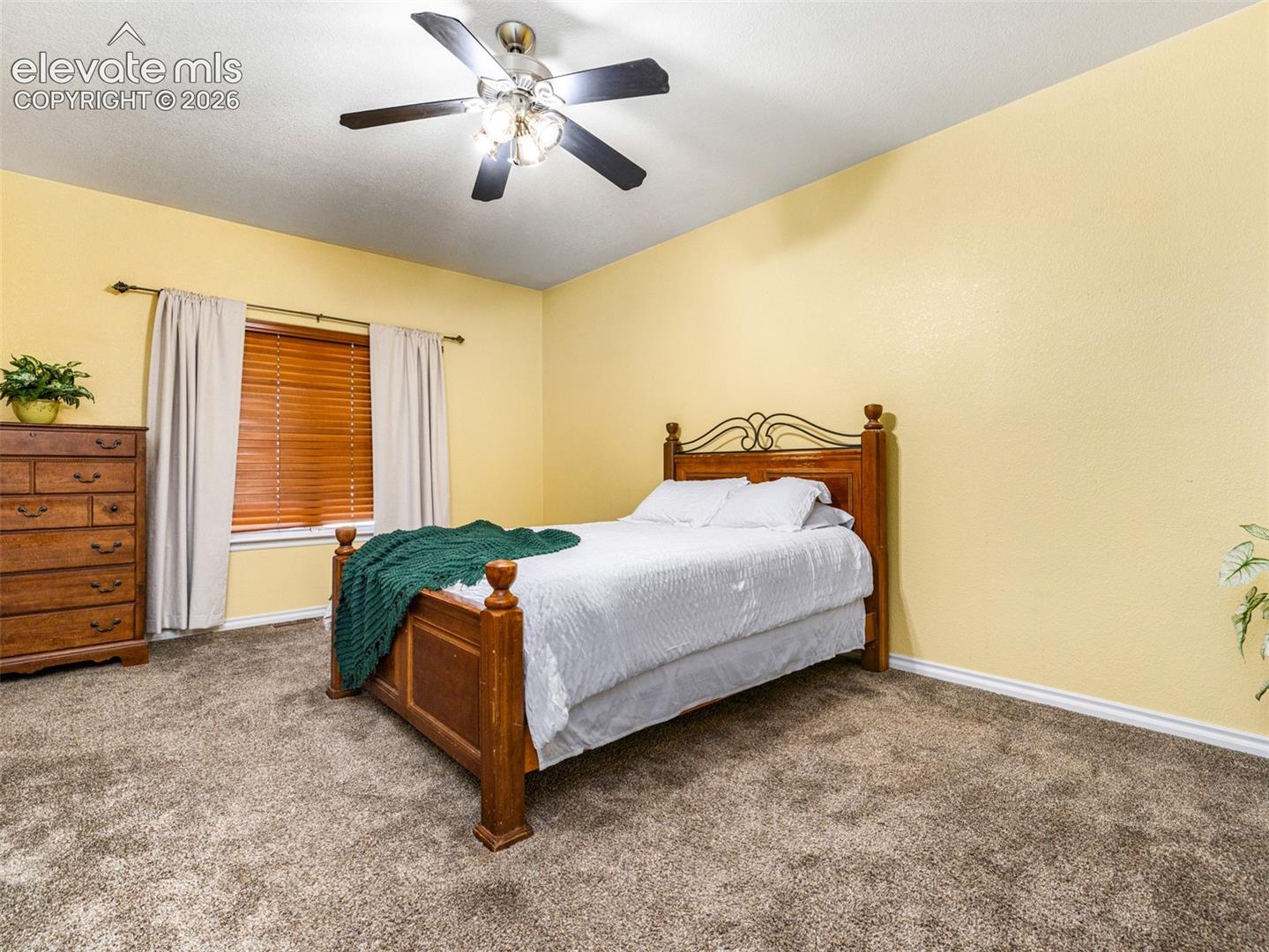 Ceiling fan with integrated lighting, wood-finish window blinds, and installed carpeting