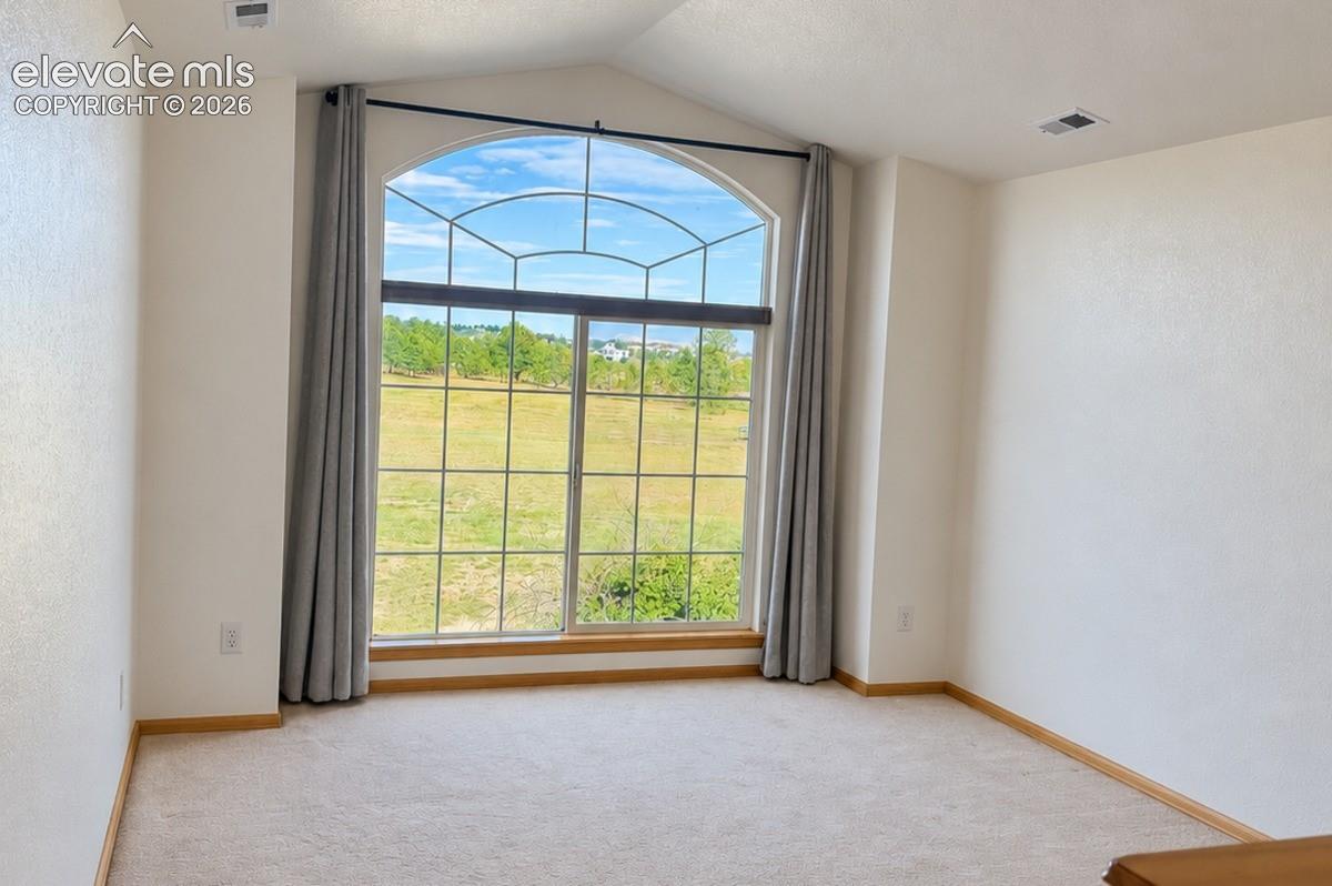 Loft/flex-space. Arch-top window with grid pattern, neutral carpeting, and light-toned wall finishes. No staging.