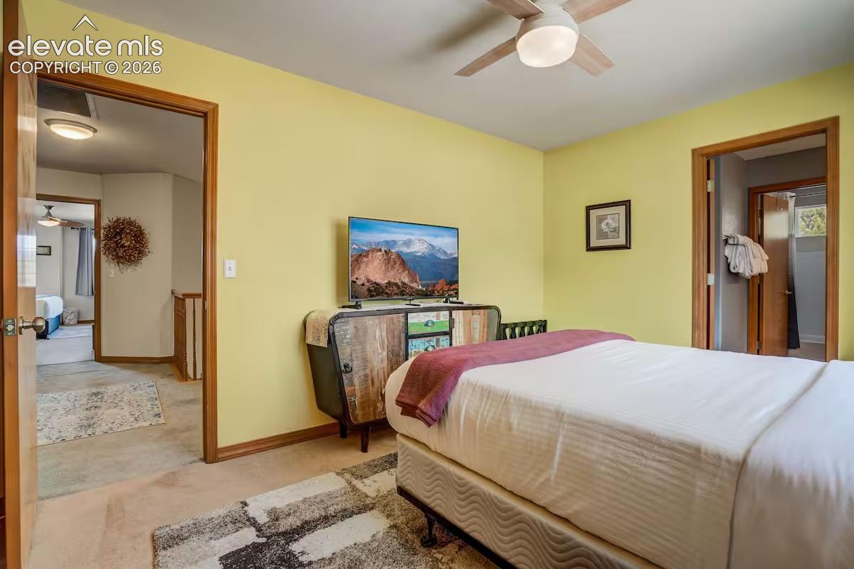Carpeted room with light yellow walls and a ceiling fan with integrated lighting
