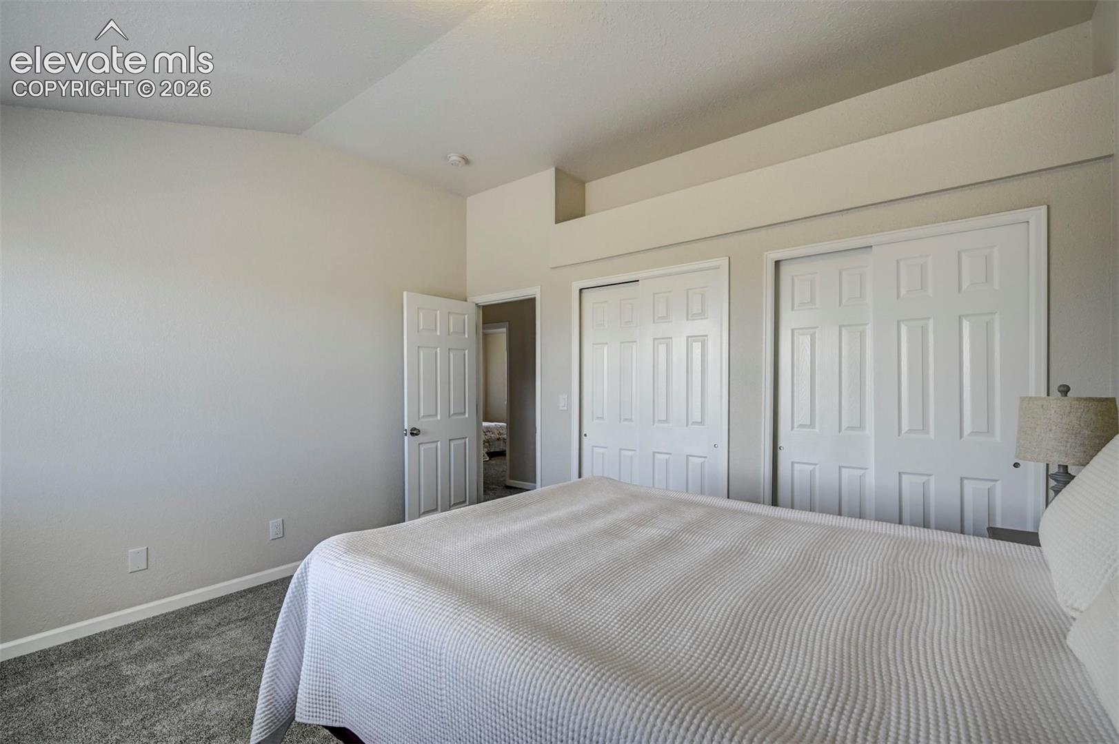 Vaulted ceiling featuring a recessed ledge and dual sliding closet doors