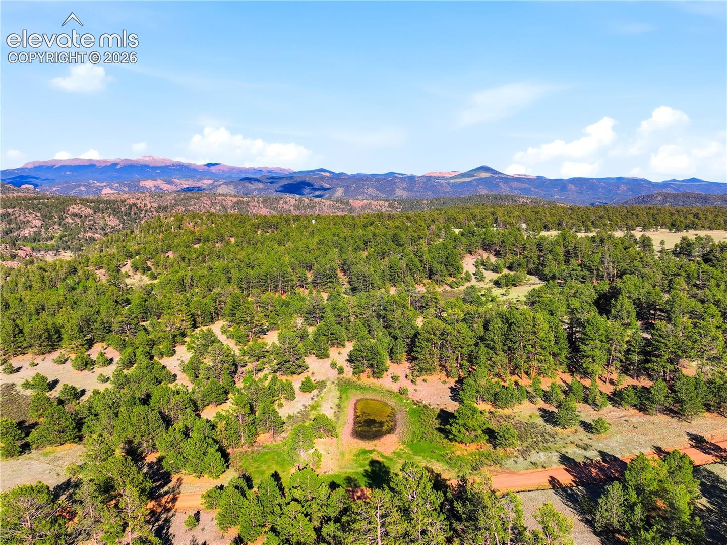 Expansive wooded landscape featuring a natural pond, varied topography, mature evergreen trees, and distant mountain ranges under a clear sky