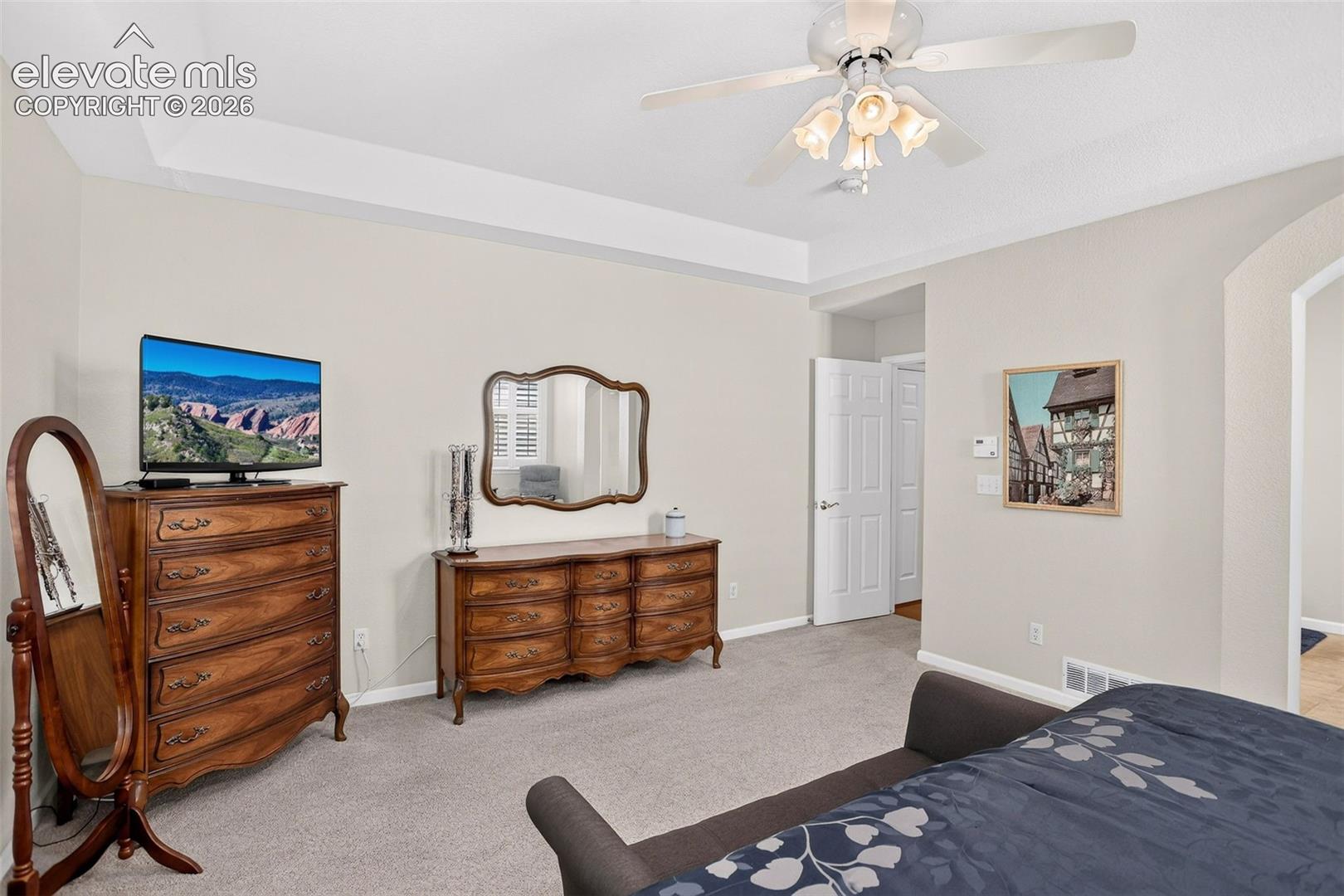 Tray ceiling detail with a ceiling fan light fixture