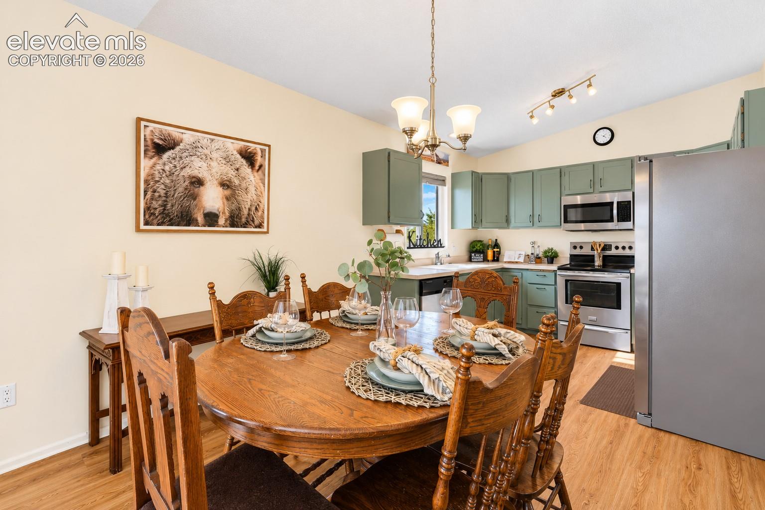 Kitchen area featuring sage green cabinetry, stainless steel appliances, wood-finish flooring, and a multi-light chandelier