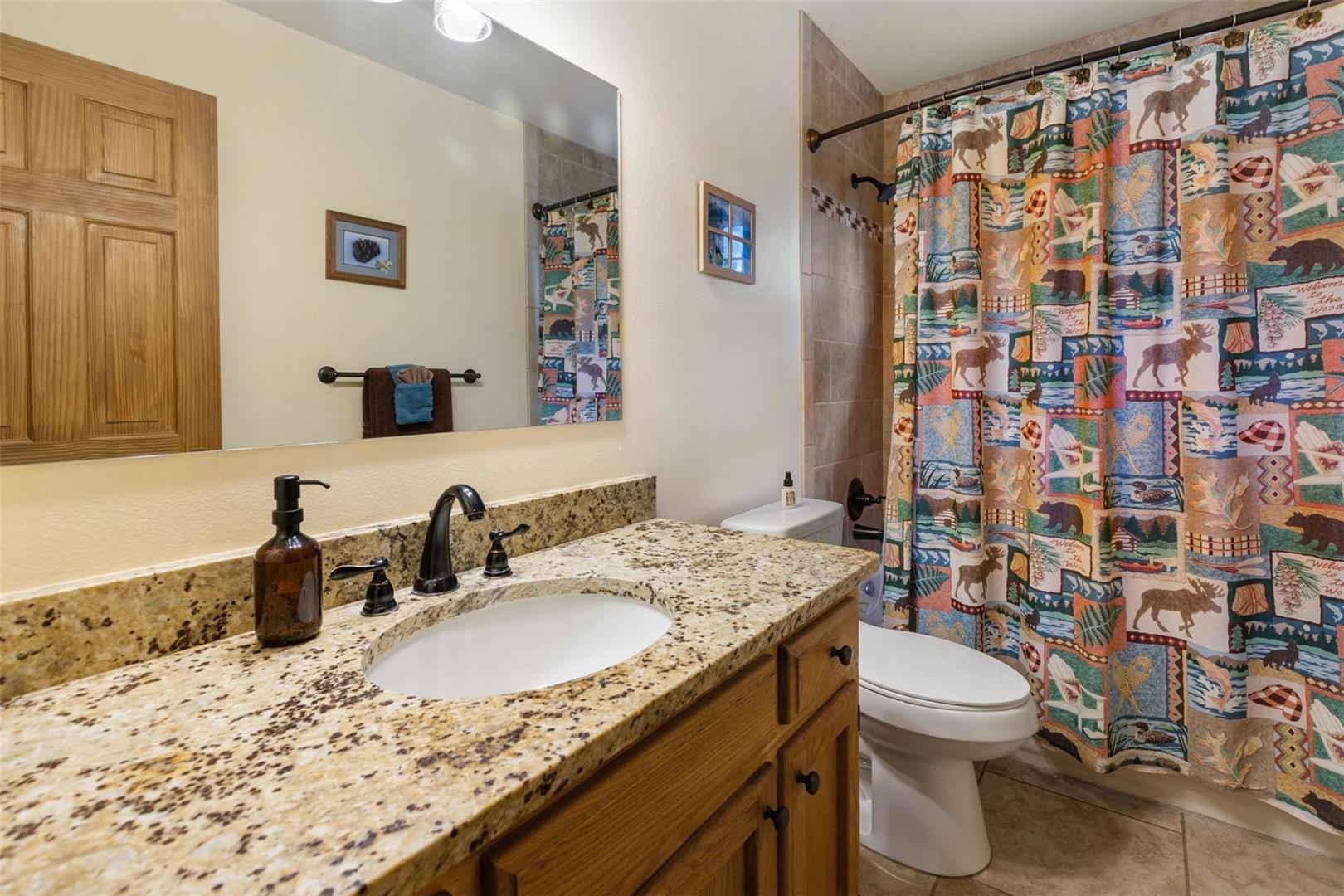 Vanity with a granite countertop, undermount sink, and dark bronze faucet fixtures