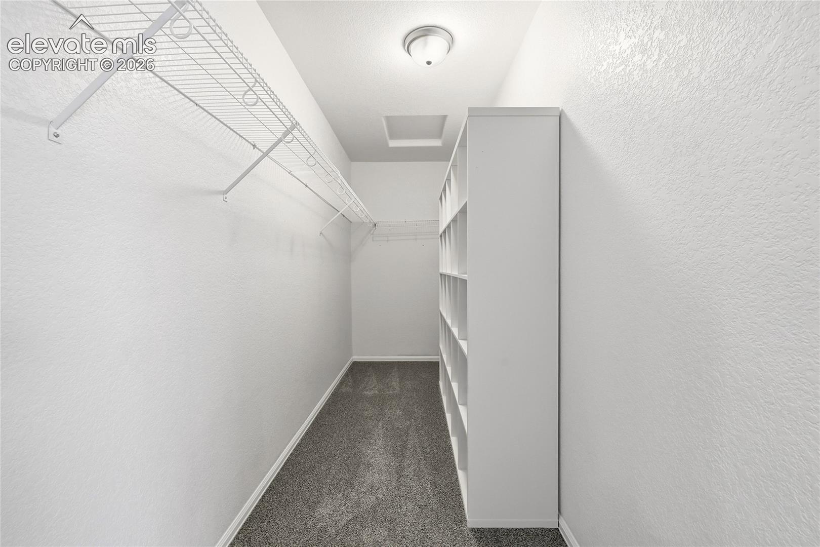 Walk-in closet featuring white wire shelving, a built-in white storage tower, carpeted flooring, and a flush-mount light fixture