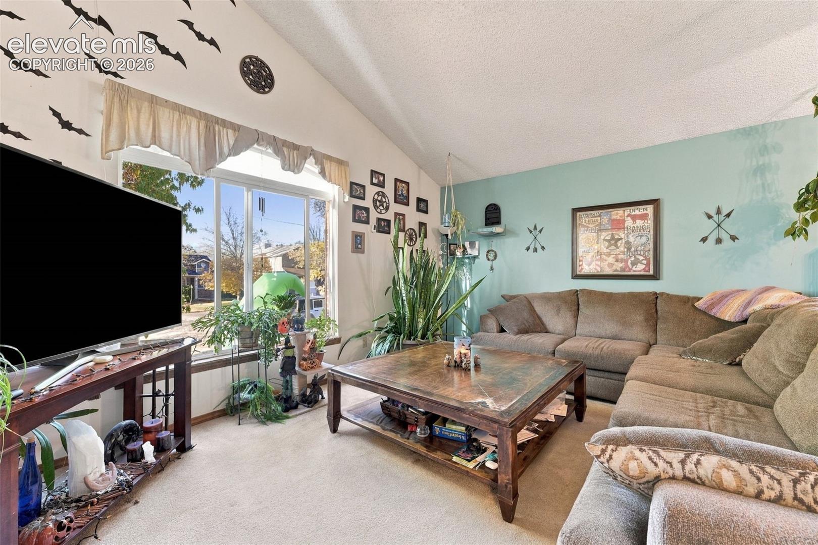 Living area featuring a vaulted ceiling and a large picture window
