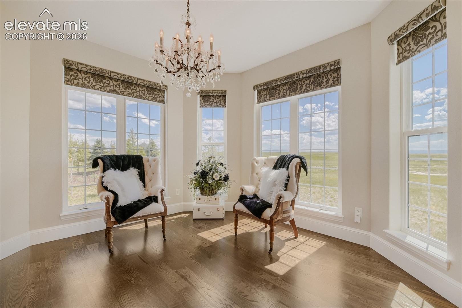 sitting area surrounding by huge windows and custom coverings