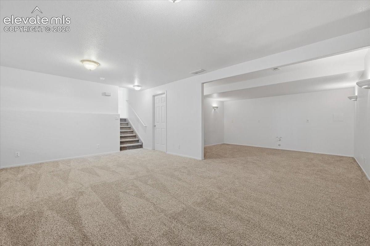 Spacious carpeted area with neutral wall finishes and ceiling-mounted lighting