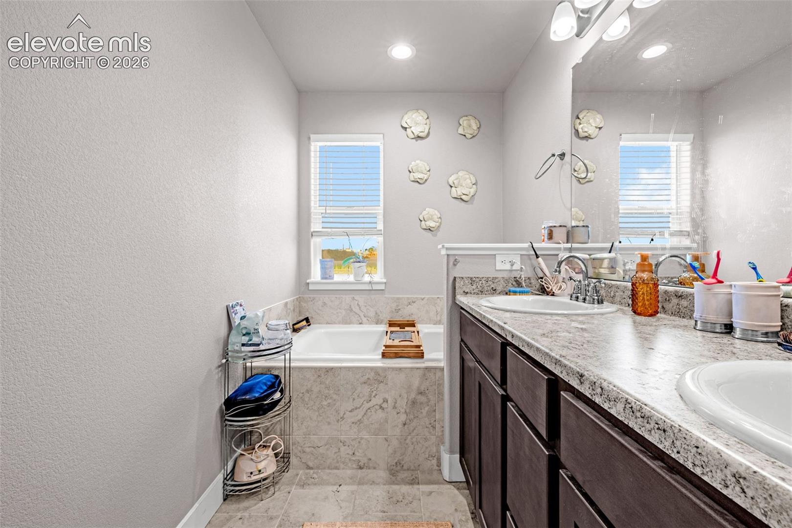 Bathroom featuring a dual vanity with undermount sinks, dark wood cabinetry, and a light-toned countertop