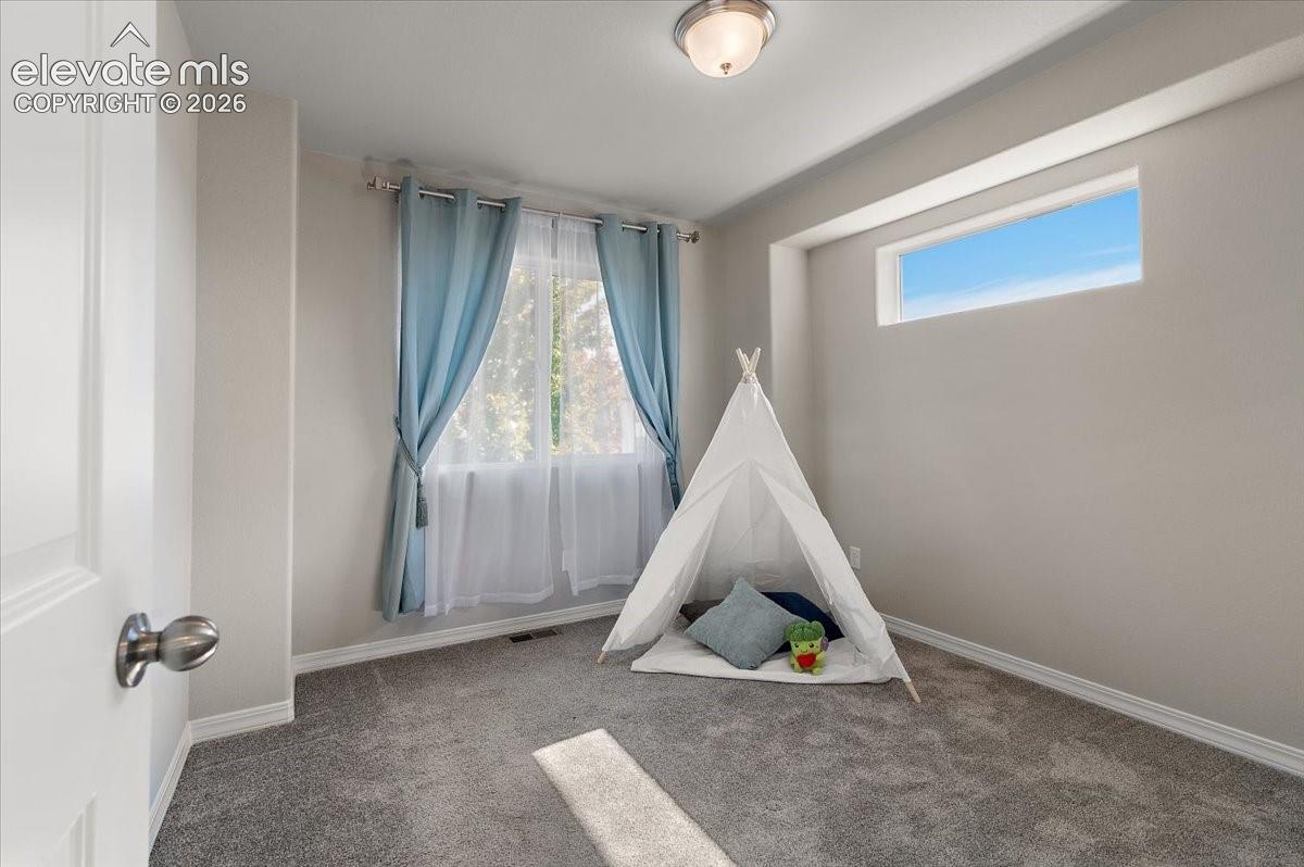 Soft gray carpeting, neutral wall color, and a flush mount ceiling fixture