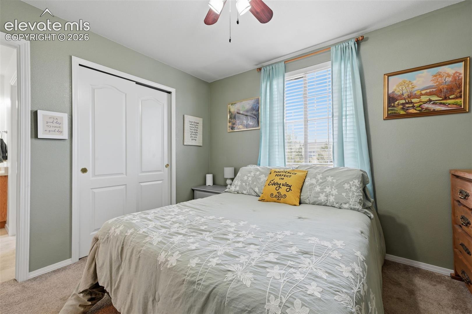 Window with blinds, wall-to-wall carpeting, bi-fold closet doors, and a ceiling fan