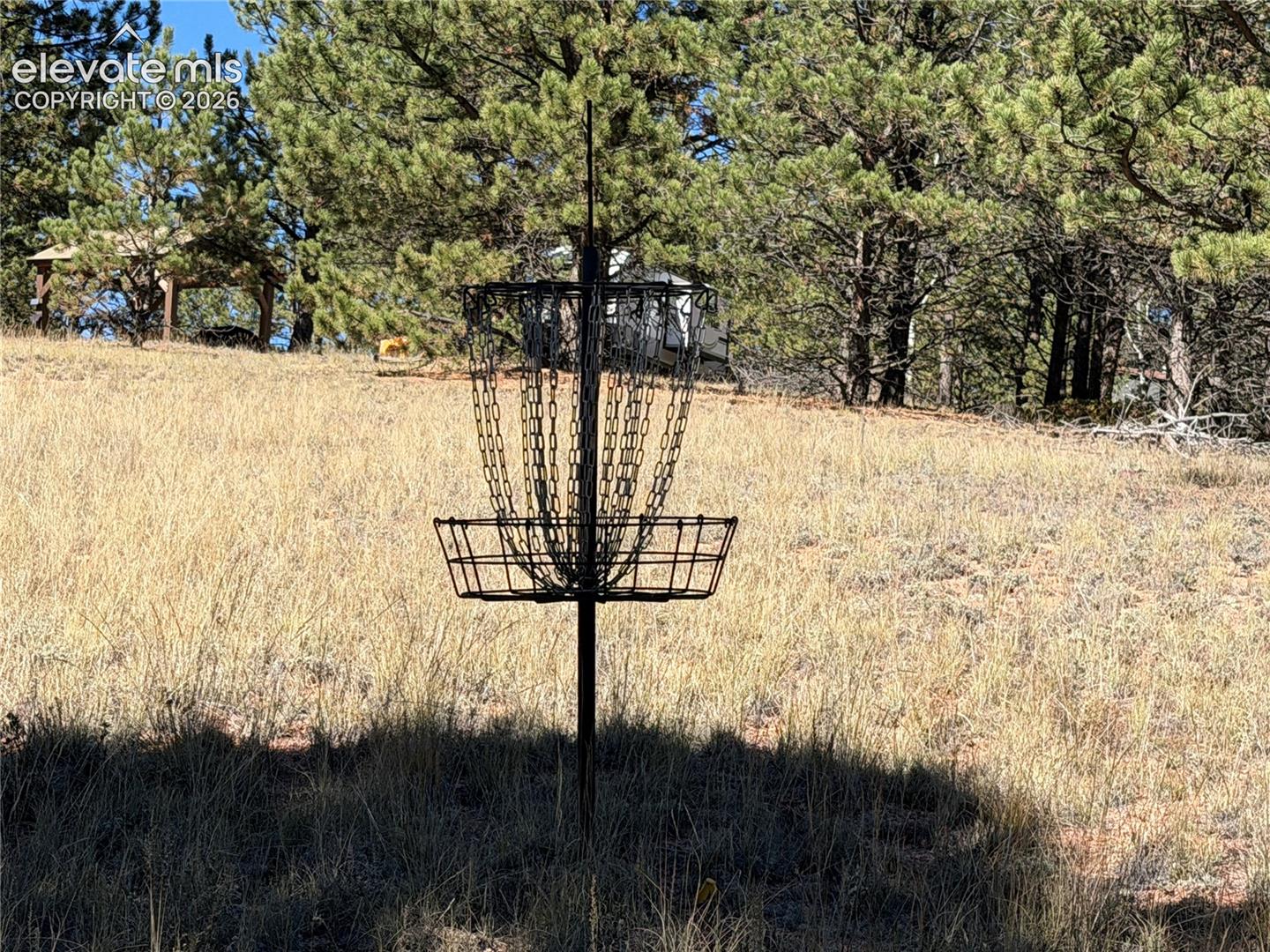 Outdoor metal disc golf target situated on a sloped, grass-covered lot surrounded by mature coniferous trees and a wooden gazebo structure