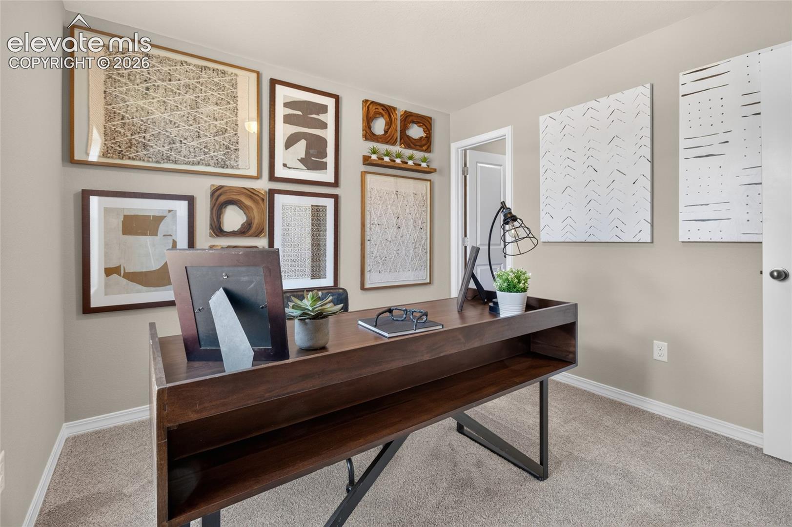 Neutral wall-to-wall carpeting and a solid-core interior door with a matte black hardware finish