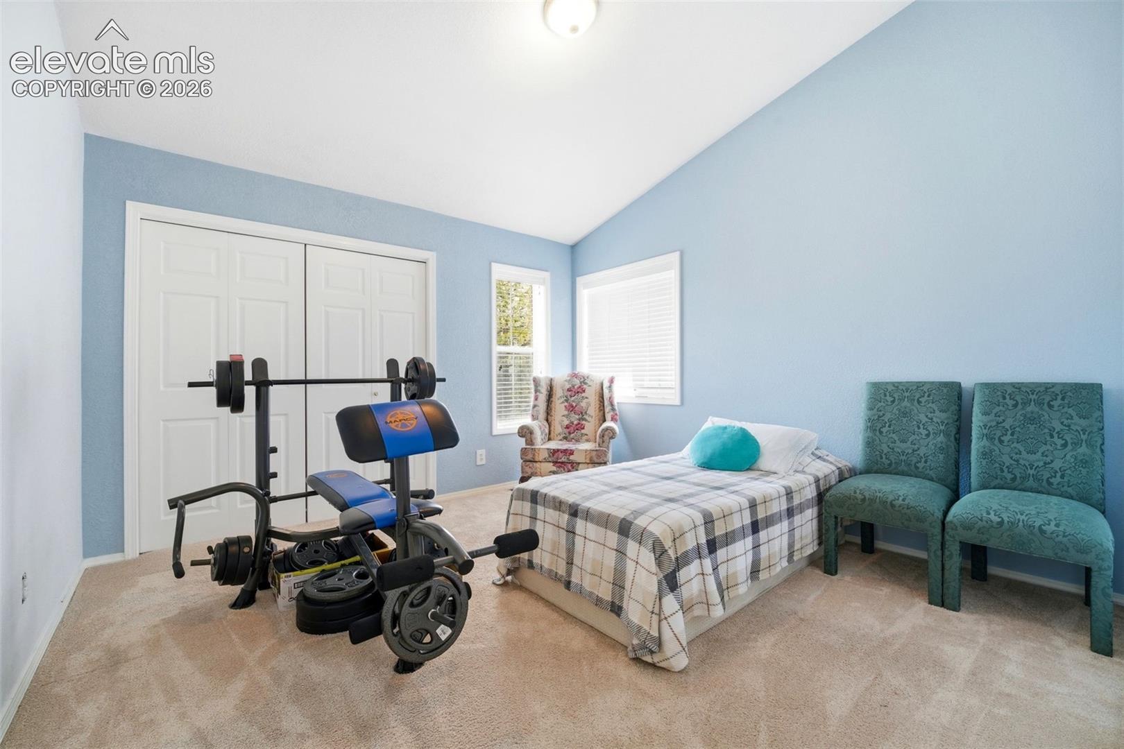 Vaulted ceiling room with light blue wall finish and neutral carpet flooring