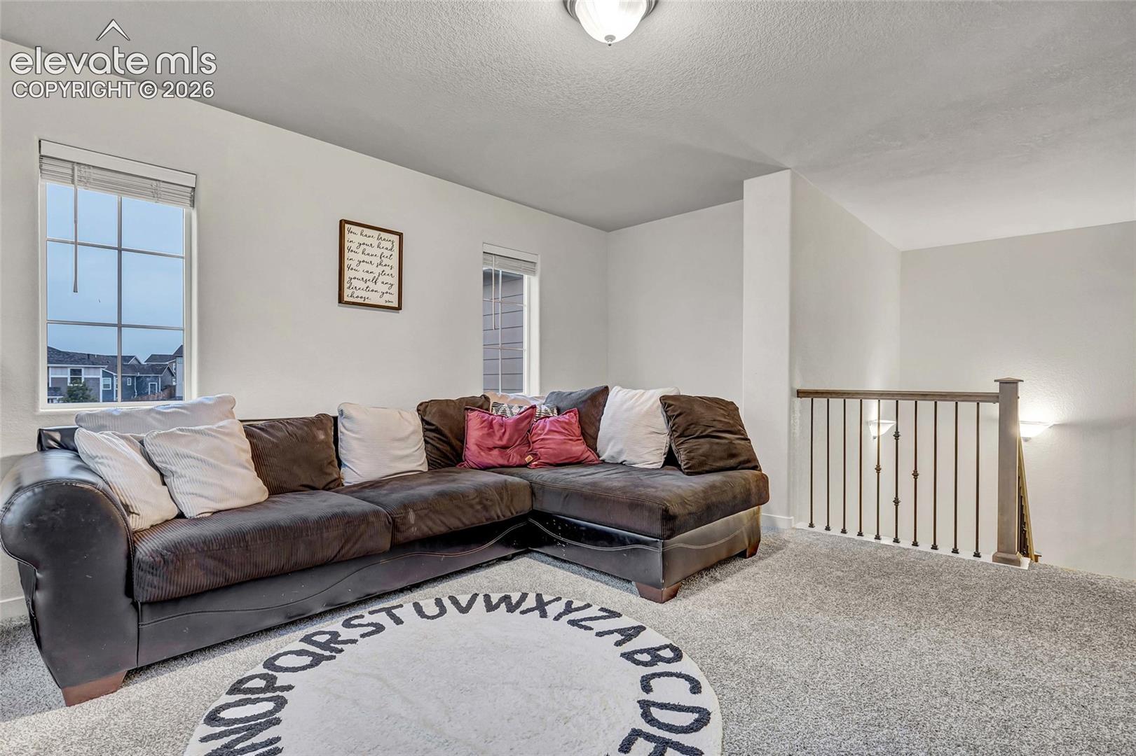 Carpeted loft area with two windows, a ceiling-mounted light fixture, and a wood and wrought iron railing