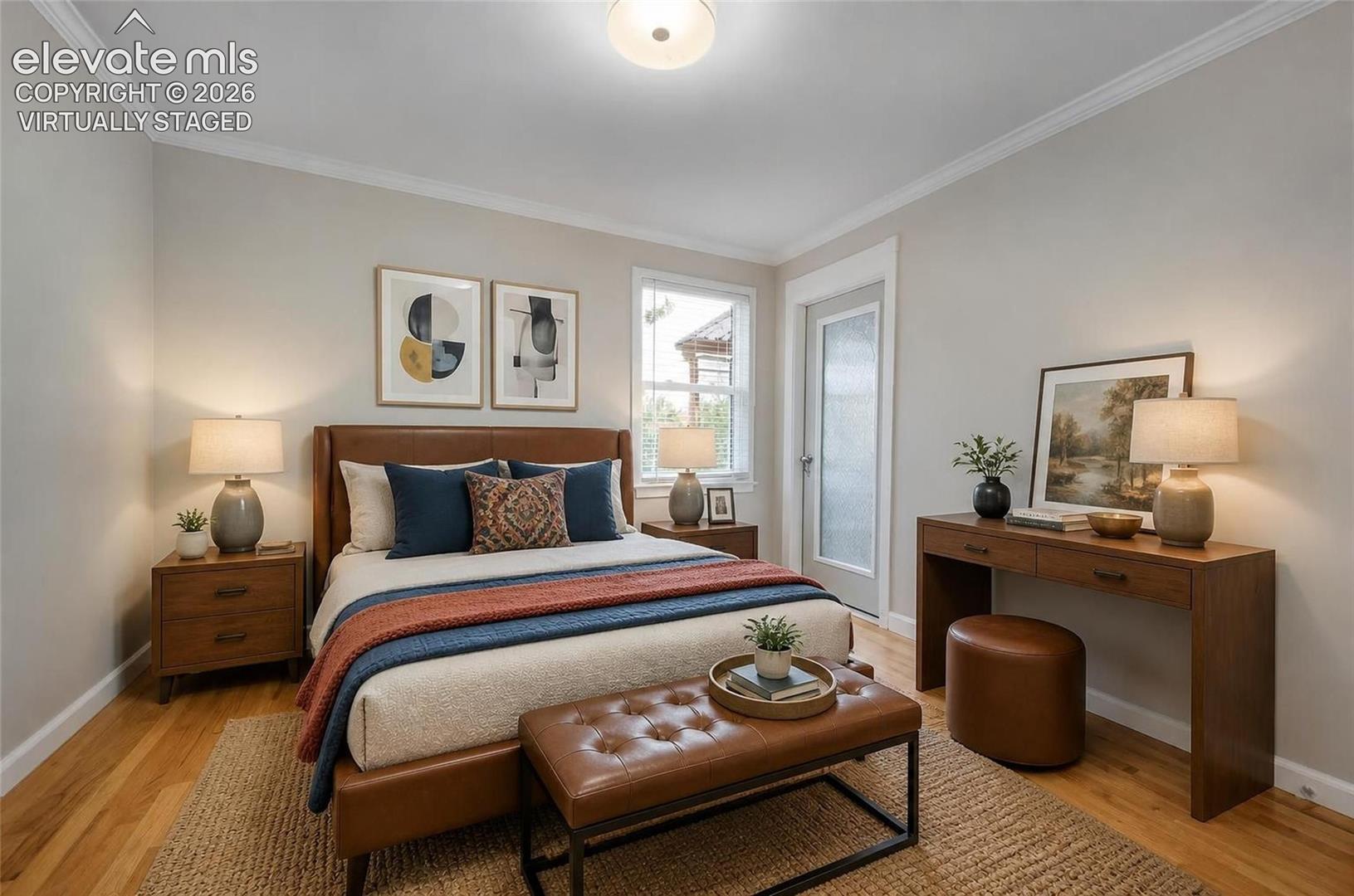Virtually staged 2nd bedroom upstairs with exit to covered patio
