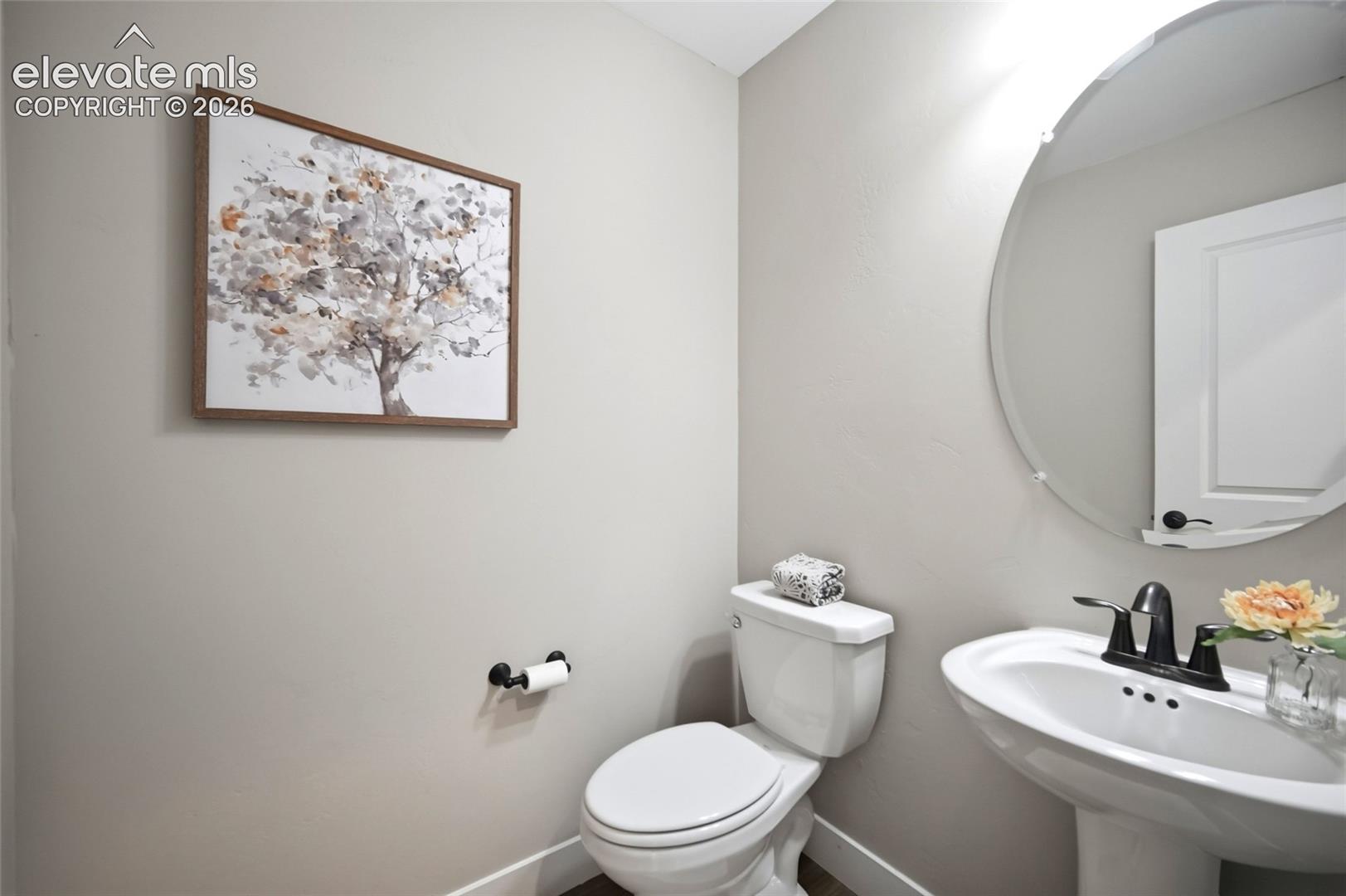 Pedestal sink with a matte black centerset faucet, round frameless mirror, and dual-flush toilet