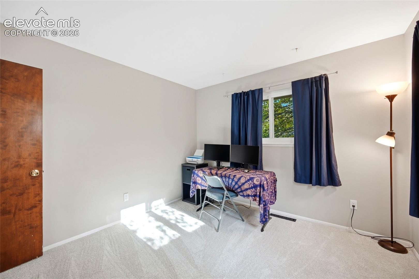 Neutral-toned interior featuring wall-to-wall carpeting, wood-finish door with brushed metal hardware, and a window allowing natural light