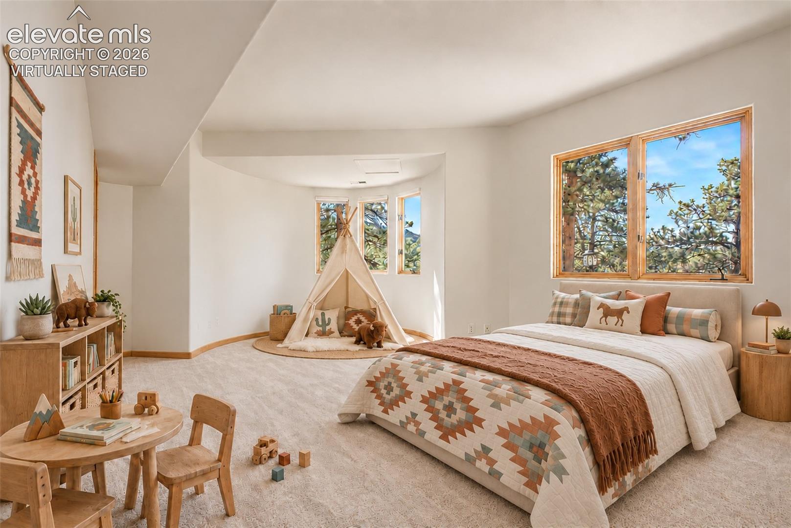 Virtually Staged
Spacious room with large windows, light-toned carpeting, and warm-toned wood window frames