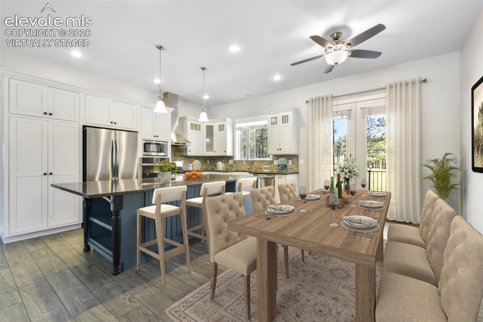 Open kitchen and dining virtually staged