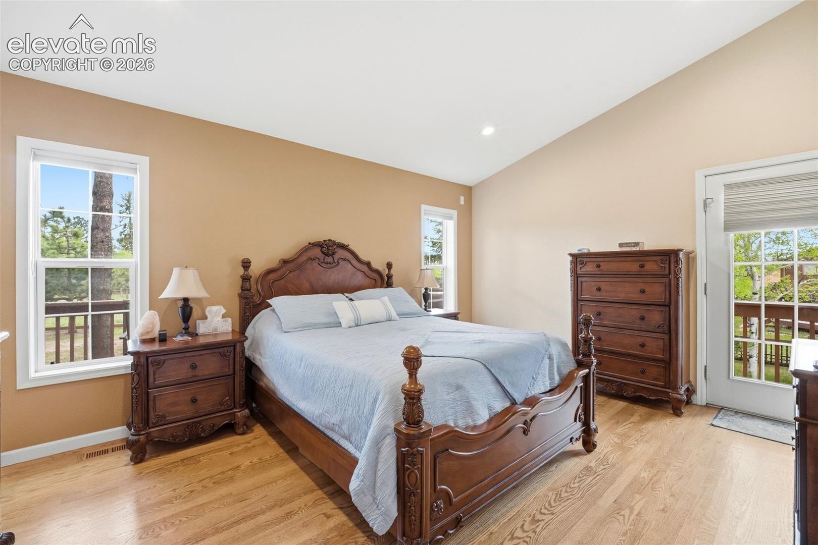Vaulted ceiling bedroom featuring wood-finish flooring and two double-pane windows