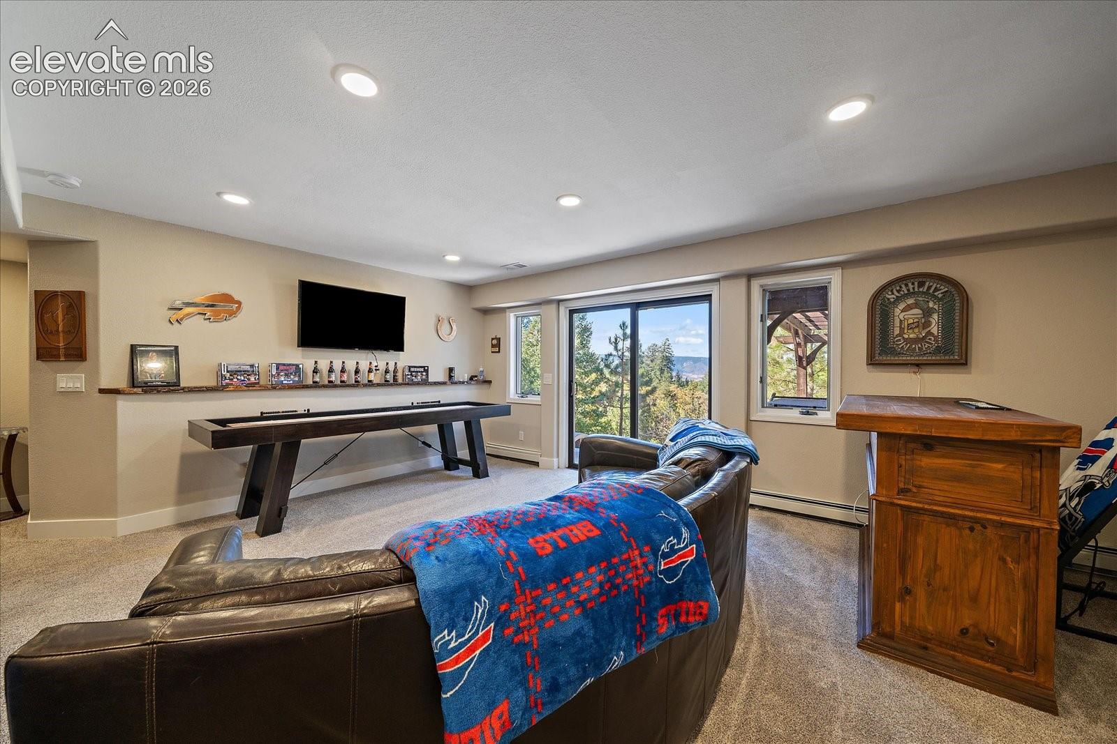 Recessed ceiling lighting, carpeted flooring, built-in wooden shelving, and sliding glass doors with exterior mountain scenery