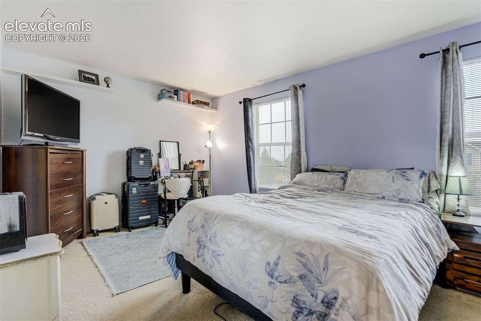 Wall-mounted shelving, two windows with blinds and curtains, and neutral carpeting