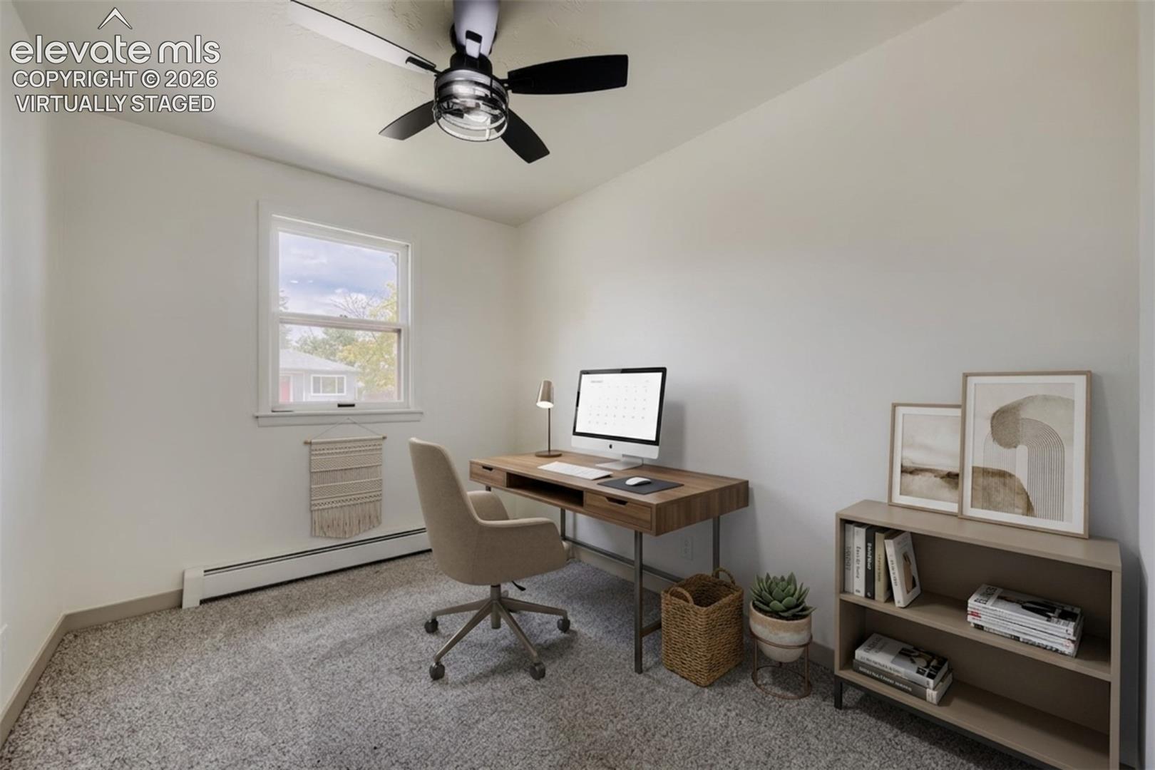 Neutral wall paint, ceiling fan with integrated lighting, single hung window, and wall-mounted heating element. Virtually staged.