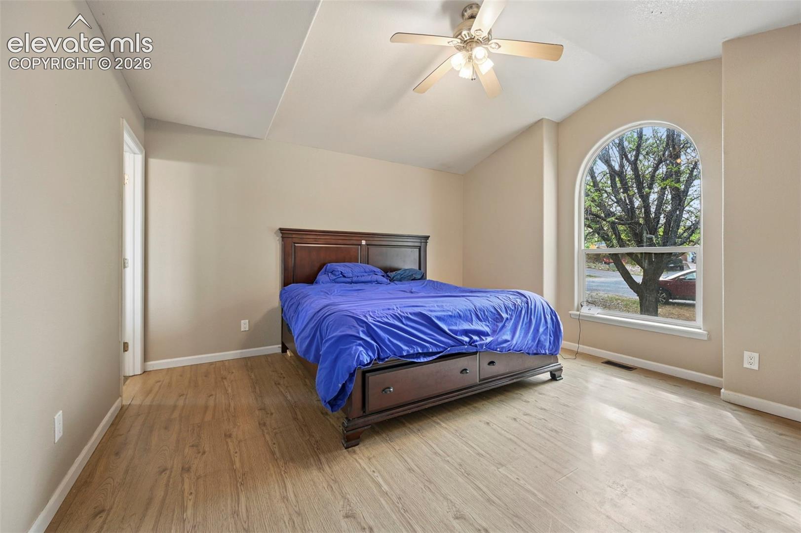 Room featuring a vaulted ceiling with a ceiling fan, a large arched window, and wood-finish flooring