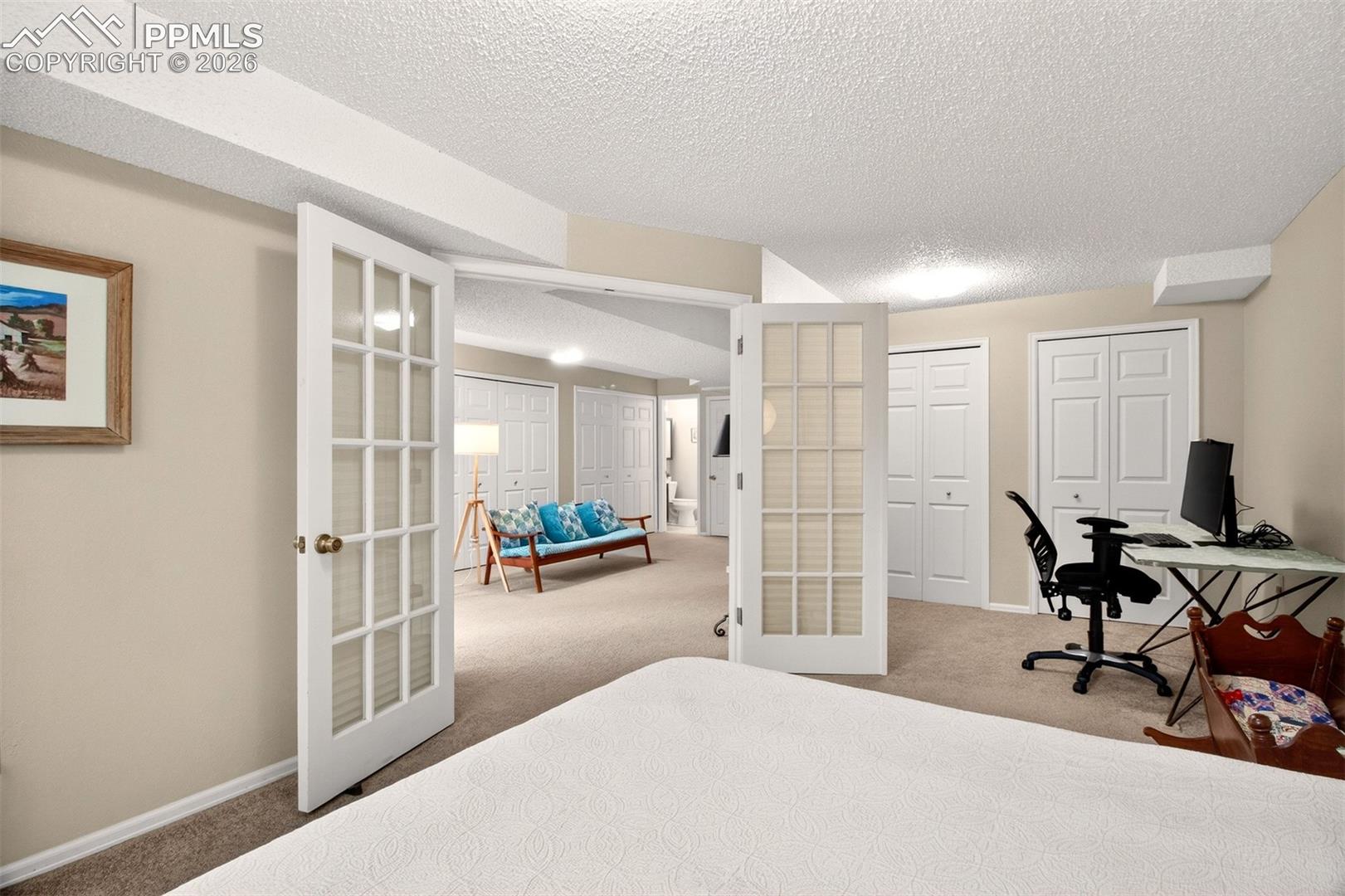 Another view of the finished basement bedroom with charming french doors.