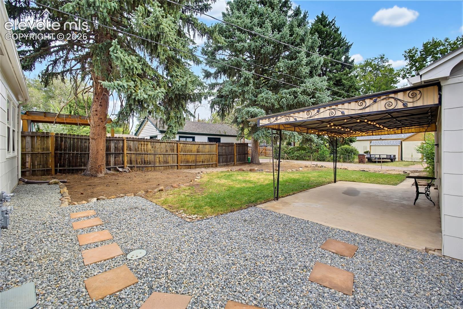 Covered patio with fresh rock