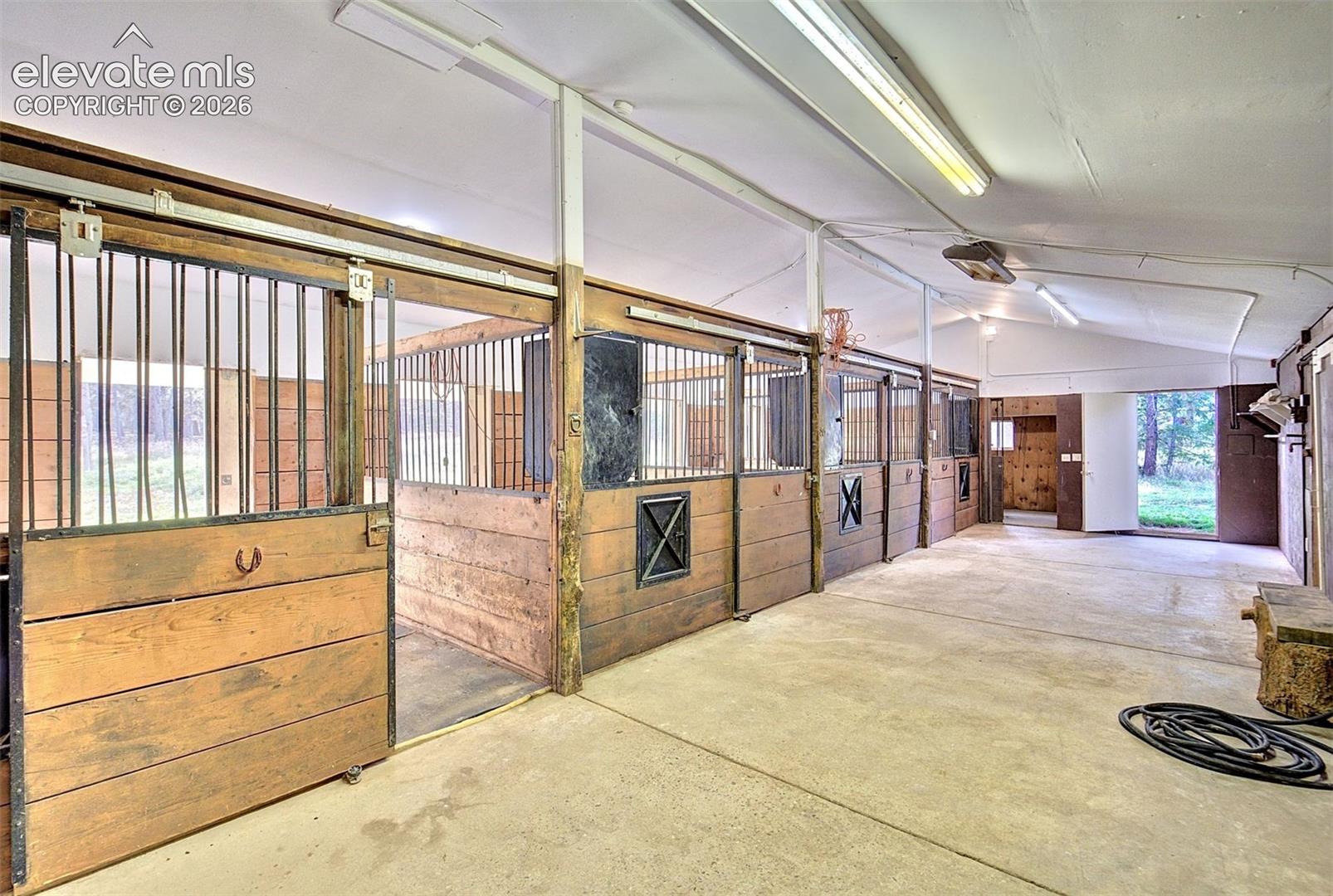 Equine facility featuring individual stalls with sliding wood-plank doors, metal-grate partitions, concrete flooring, and overhead lighting