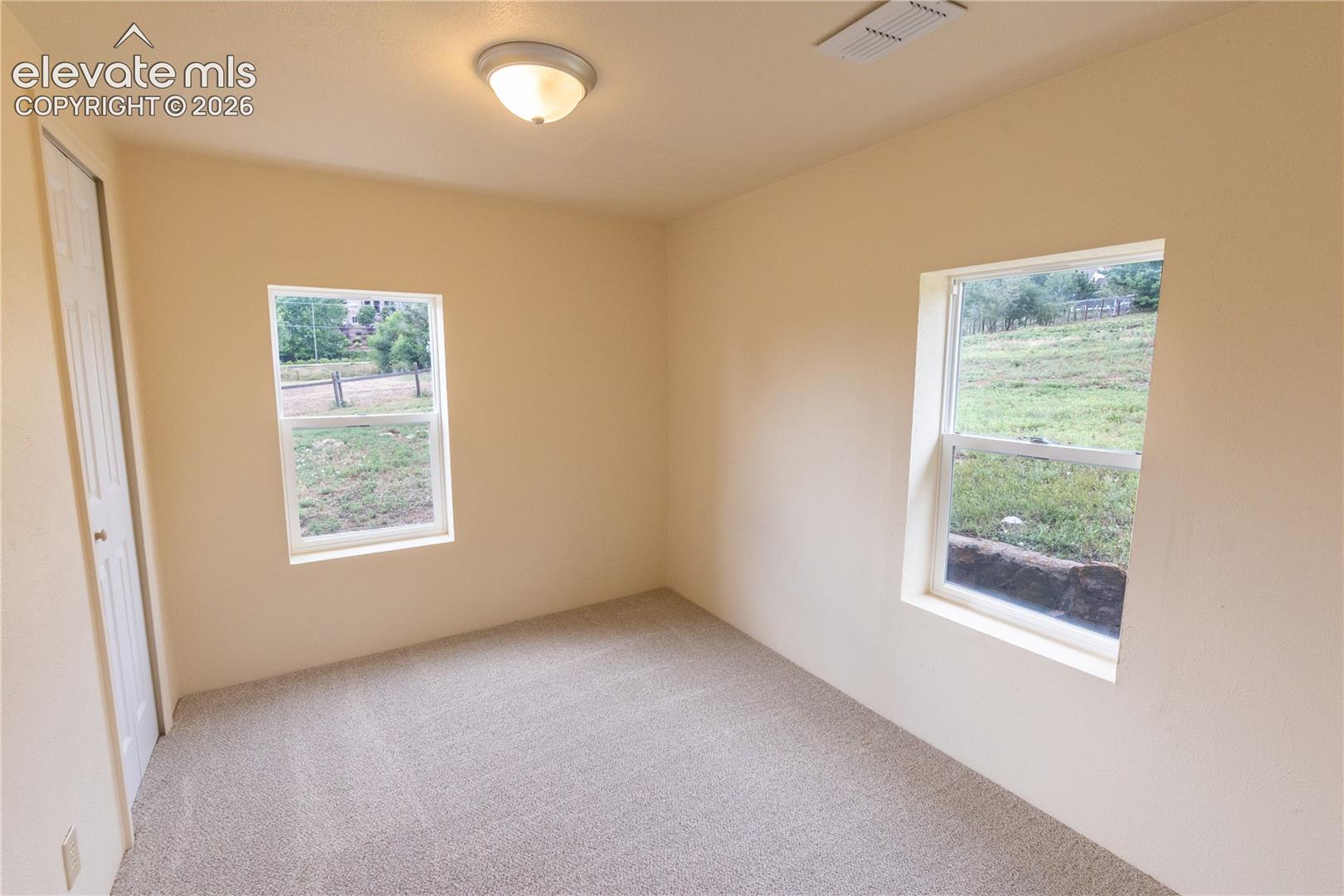 Neutral-toned room featuring neutral carpeting, two windows with exterior landscape, a flush-mount ceiling light fixture, and a white six-panel closet door