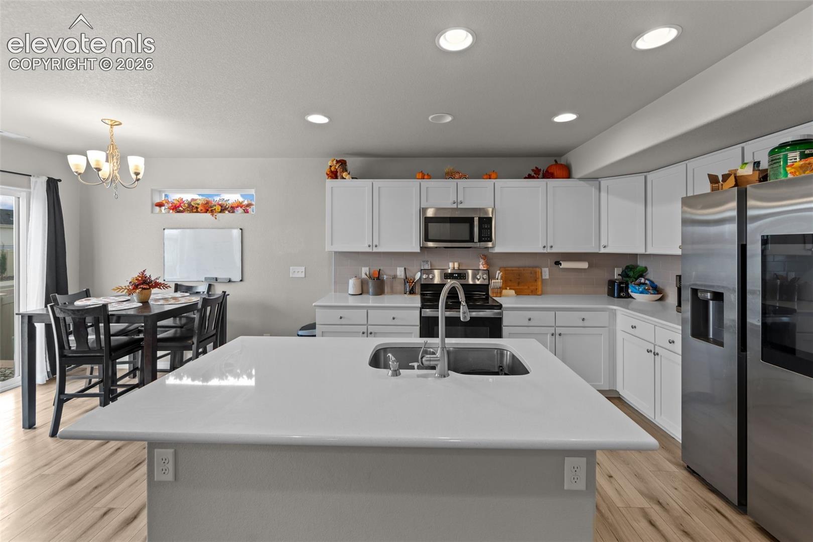 Kitchen featuring a large island with an undermount sink, white cabinetry, stainless steel appliances, and wood-finish flooring