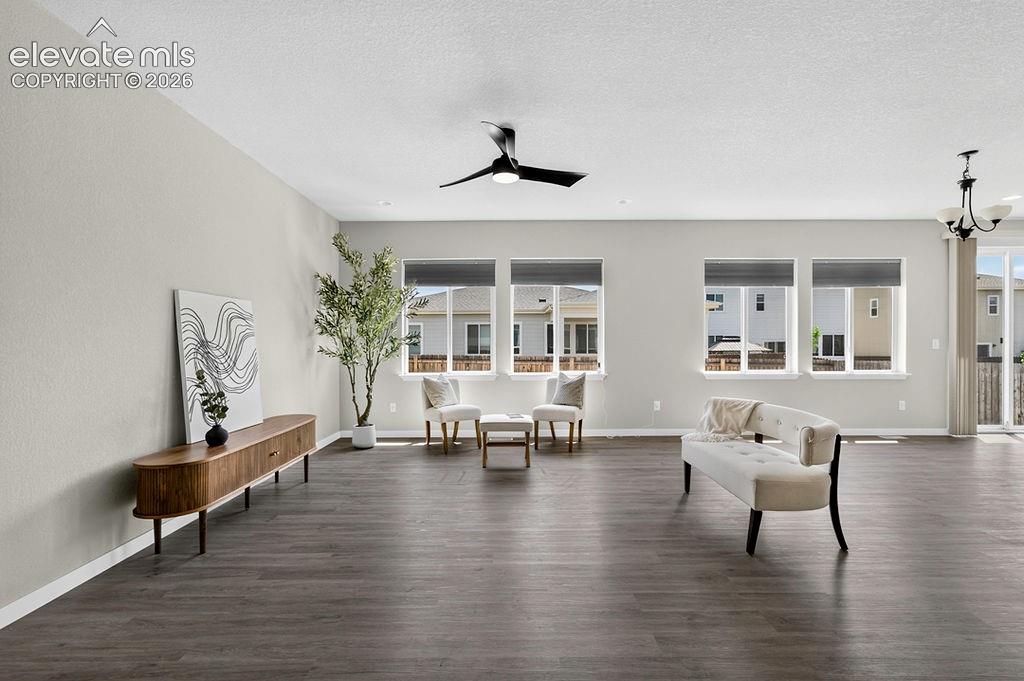 Spacious interior featuring dark wood-finish flooring, light neutral-toned walls, multiple large windows with roller shades, and a contemporary ceiling fan