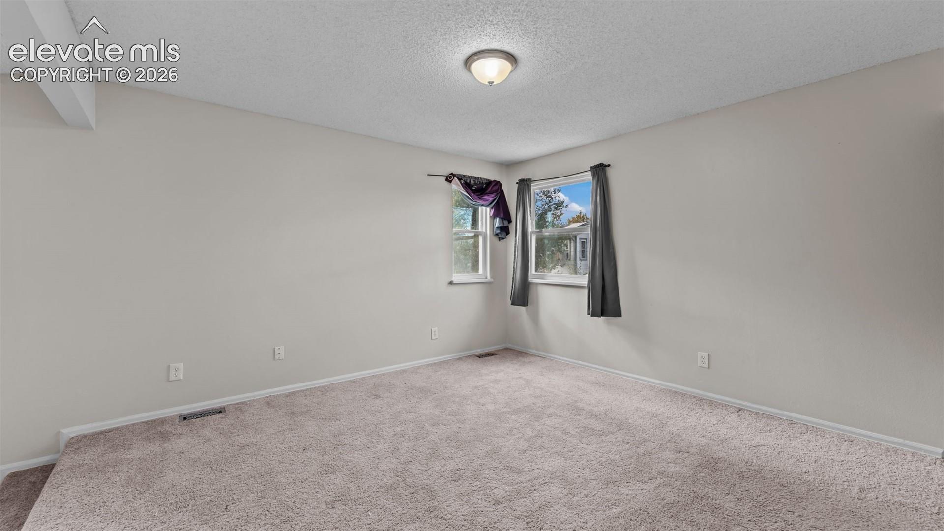 Neutral interior space featuring neutral-toned wall-to-wall carpeting, light-colored walls, dual windows with natural light, and a flush-mount ceiling light fixture