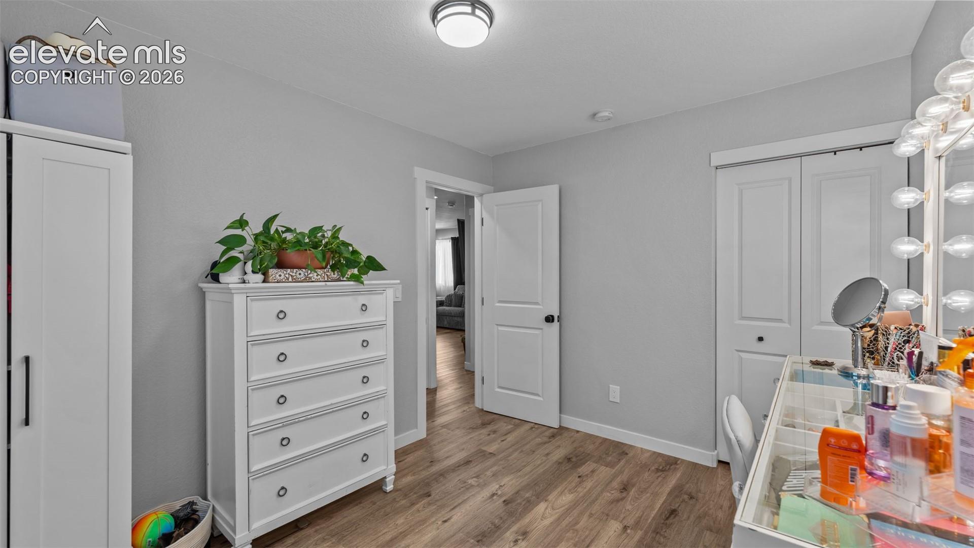 Wood-finish flooring, two-panel interior doors, and double-door closet with recessed hardware