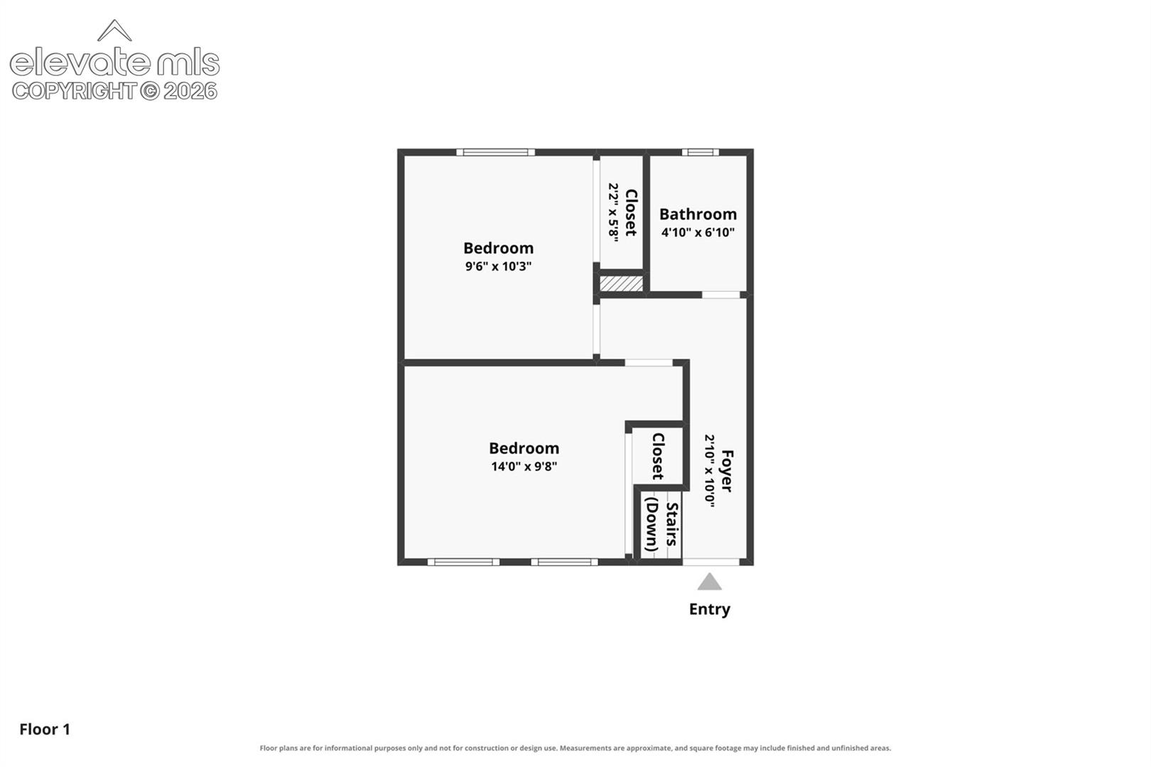 Upper Level;  2 Bedroom, 1 Bath