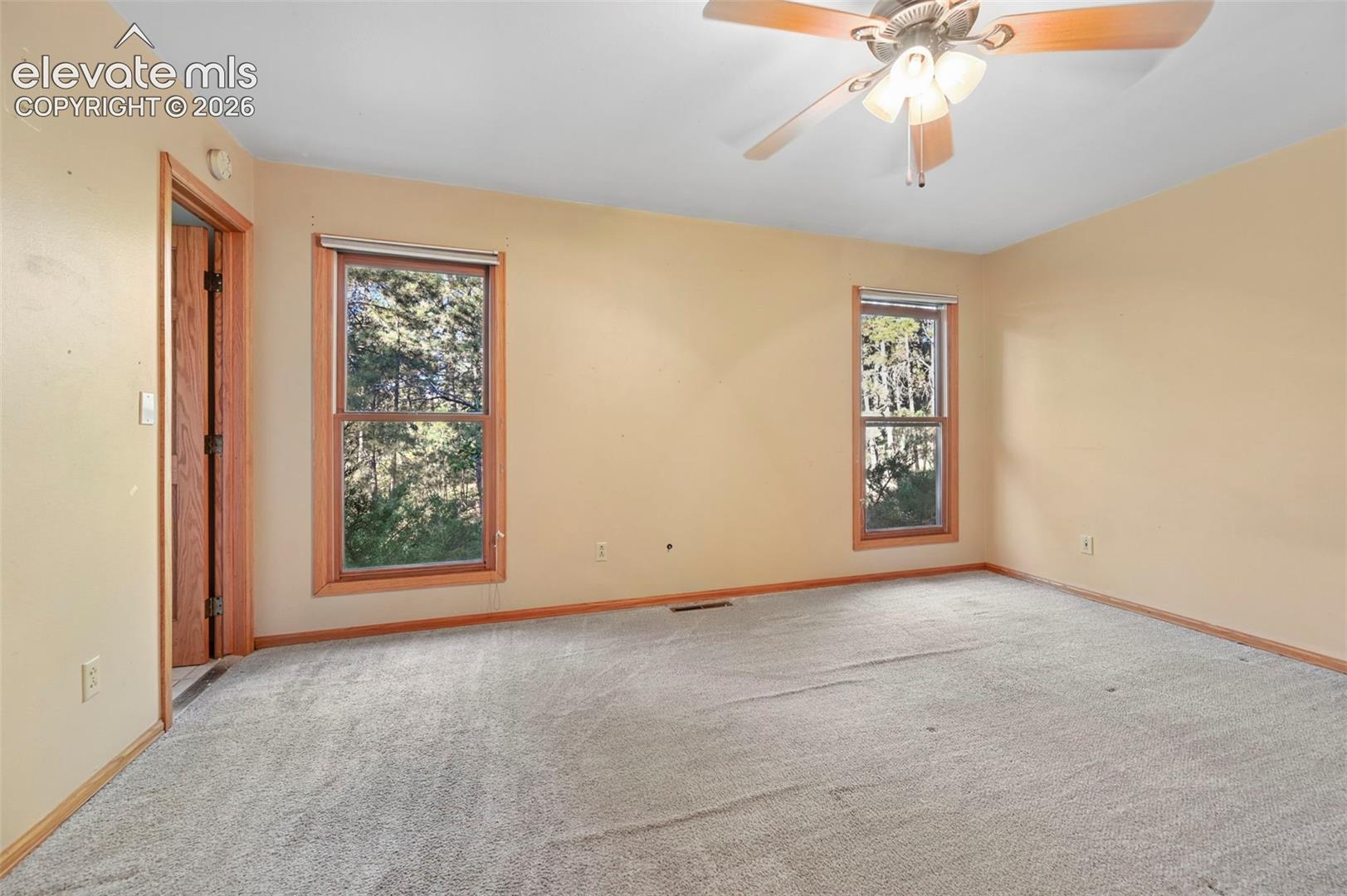 Carpeted room featuring two wood-framed windows, a wood-finish door, and a ceiling fan with integrated lighting