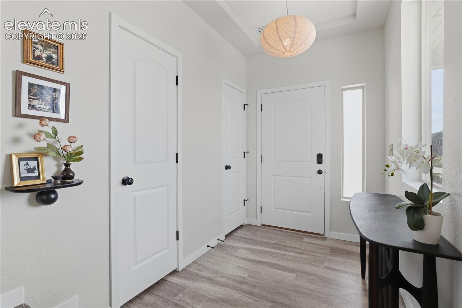 Entryway featuring wood-finish flooring, a contemporary pendant light fixture, and a white paneled entry door with dark hardware