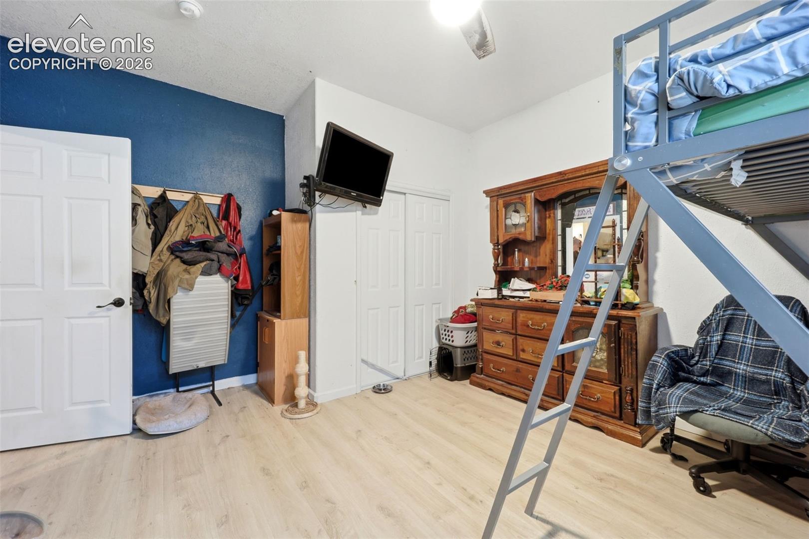 Bright interior space featuring light wood-finish flooring, a white ceiling with a ceiling fan, and a wall accented with a deep blue paint color