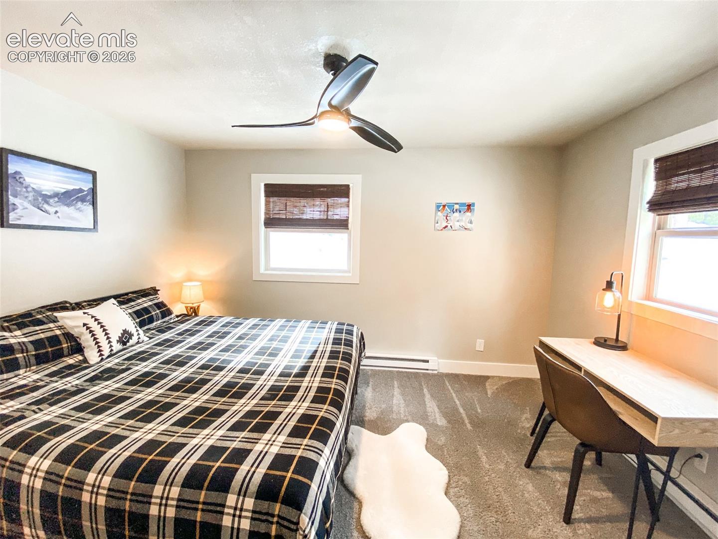 Carpeted room featuring a ceiling fan with integrated lighting, two windows with woven shades, and a baseboard heating unit