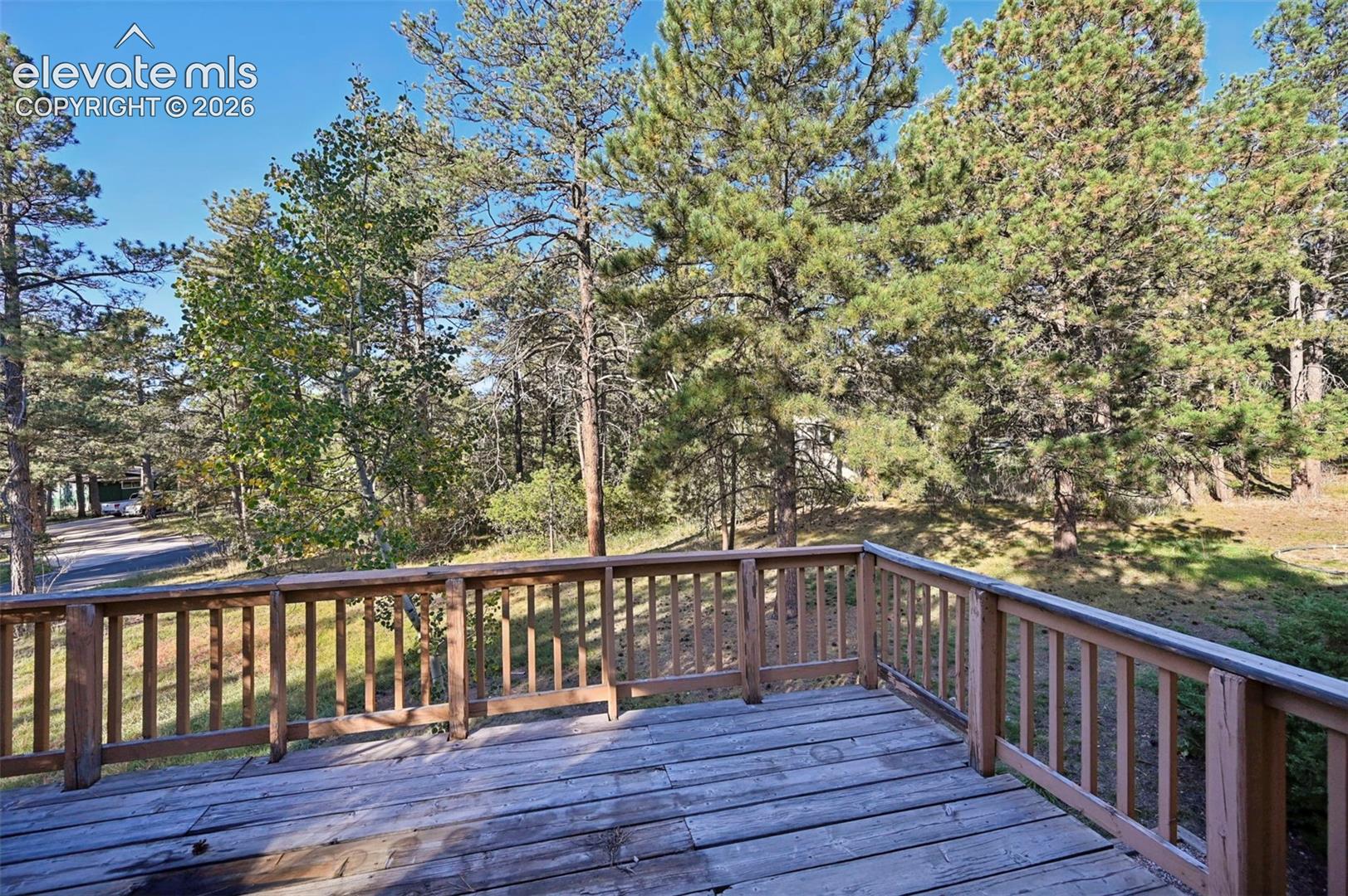 Expansive outdoor deck featuring wood decking and railings, surrounded by mature trees and natural landscaping