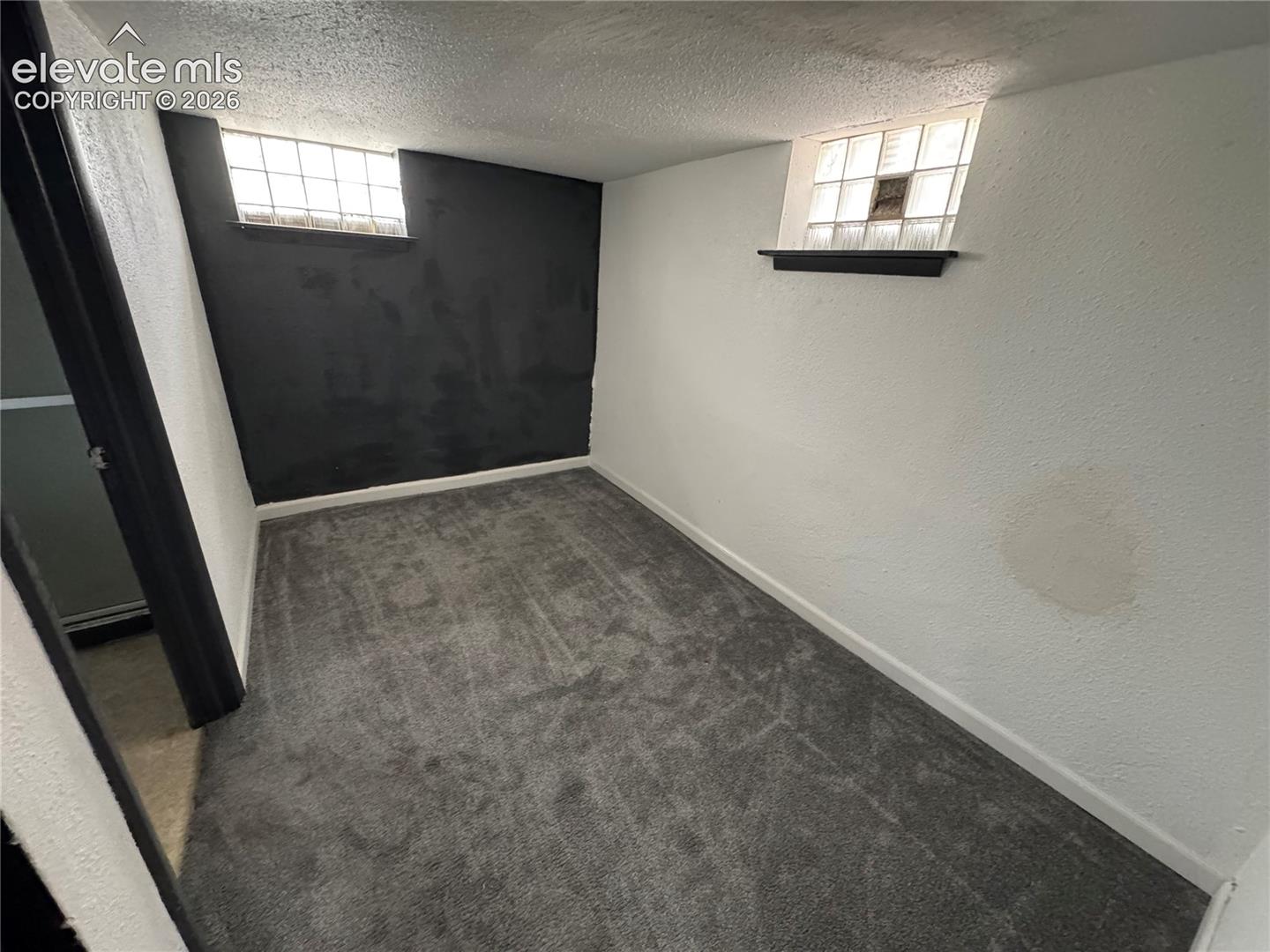 Interior space featuring carpeting, textured walls, and dual glass block windows