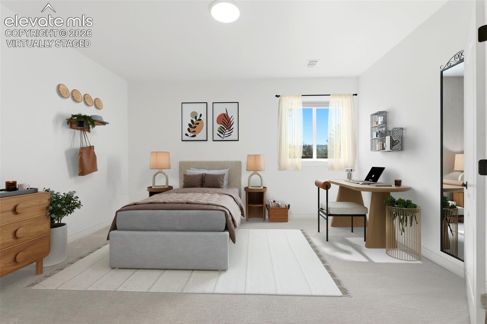 Virtually staged. White walls with a single window, recessed lighting, and light-toned carpet flooring