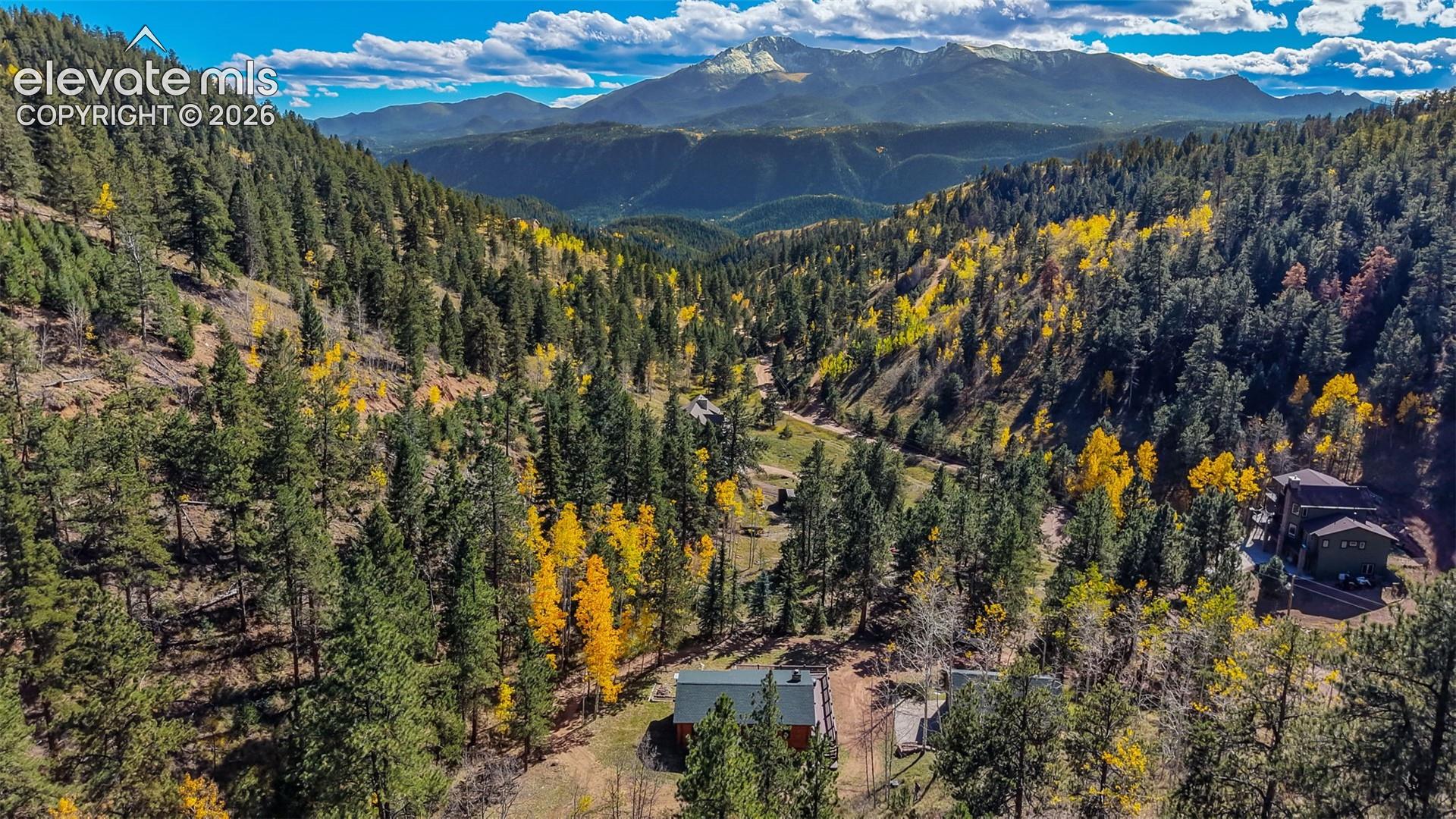 Aerial perspective of a multi-structure property set within a forested valley, featuring mature coniferous and deciduous trees, expansive natural landscape, and a prominent mountain range backdrop