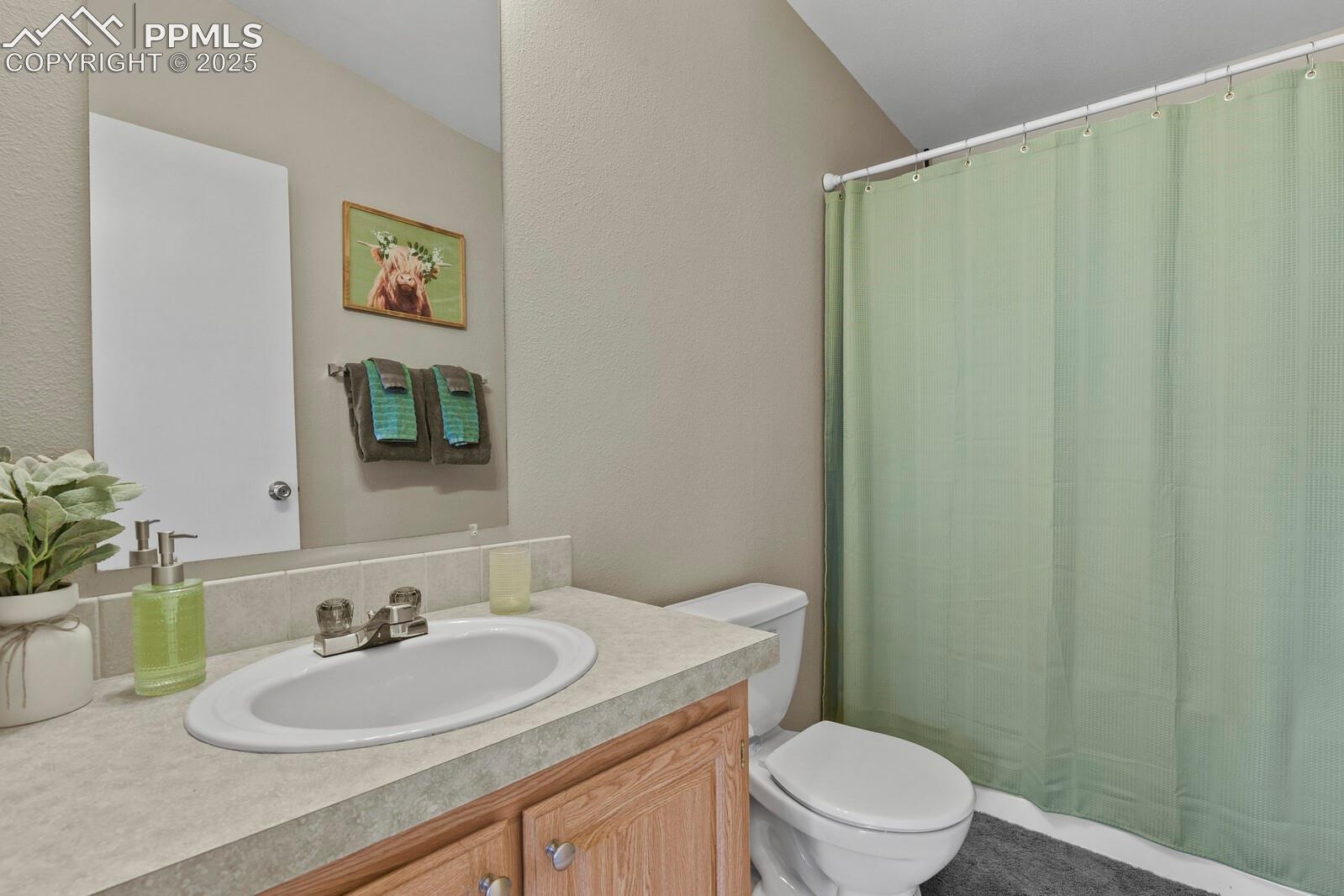 Bathroom with curtained shower, vanity, and a textured wall