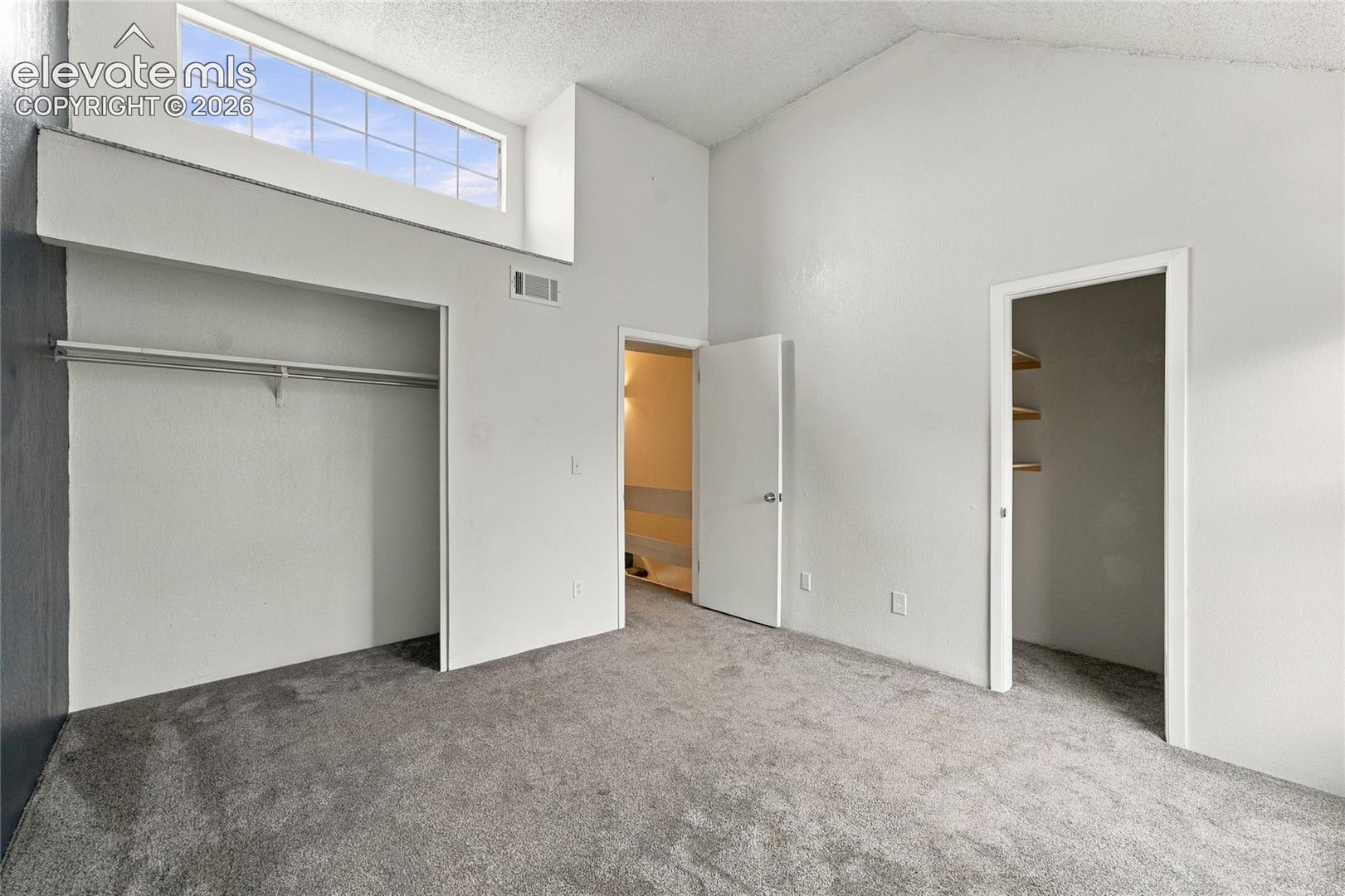 Vaulted ceiling featuring a clerestory window, wall-to-wall carpeting, open-style closet with hanging rod, and walk-in storage area with integrated shelving